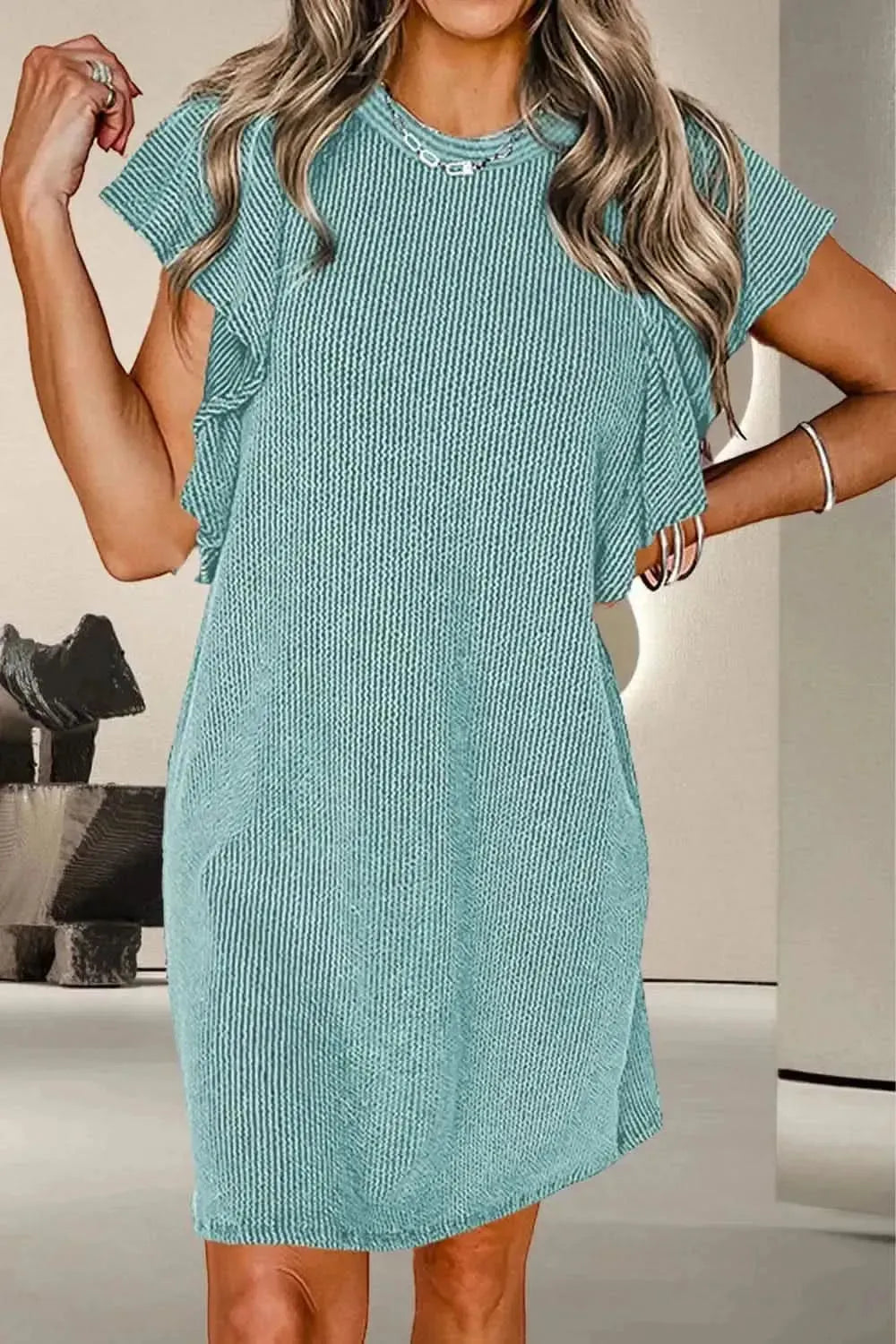 Textured Ruffled Round Neck Cap Sleeve Dress - Bad Moms Club