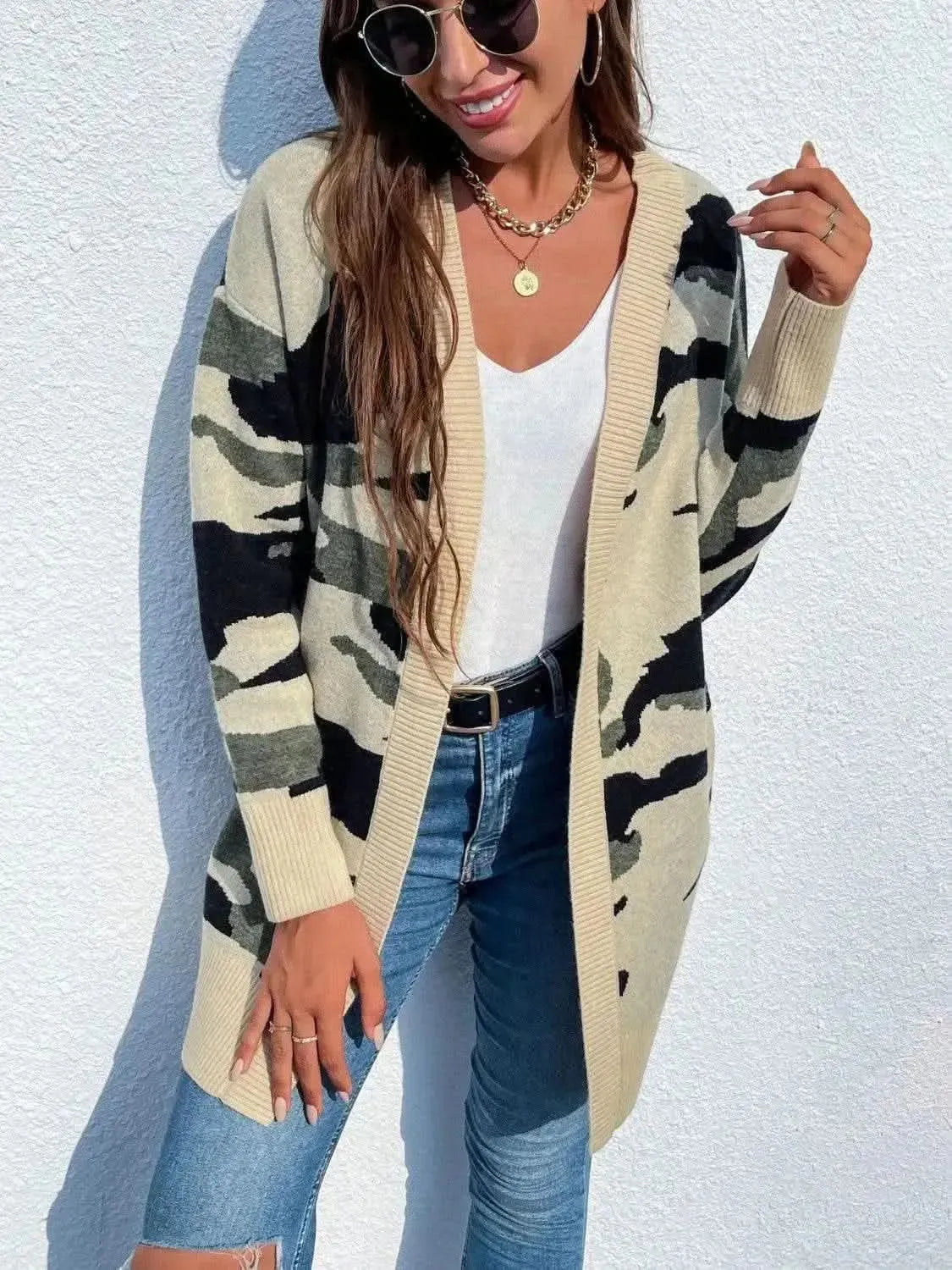 Camouflaged Dropped Shoulder Open Front Cardigan - Bad Moms Club