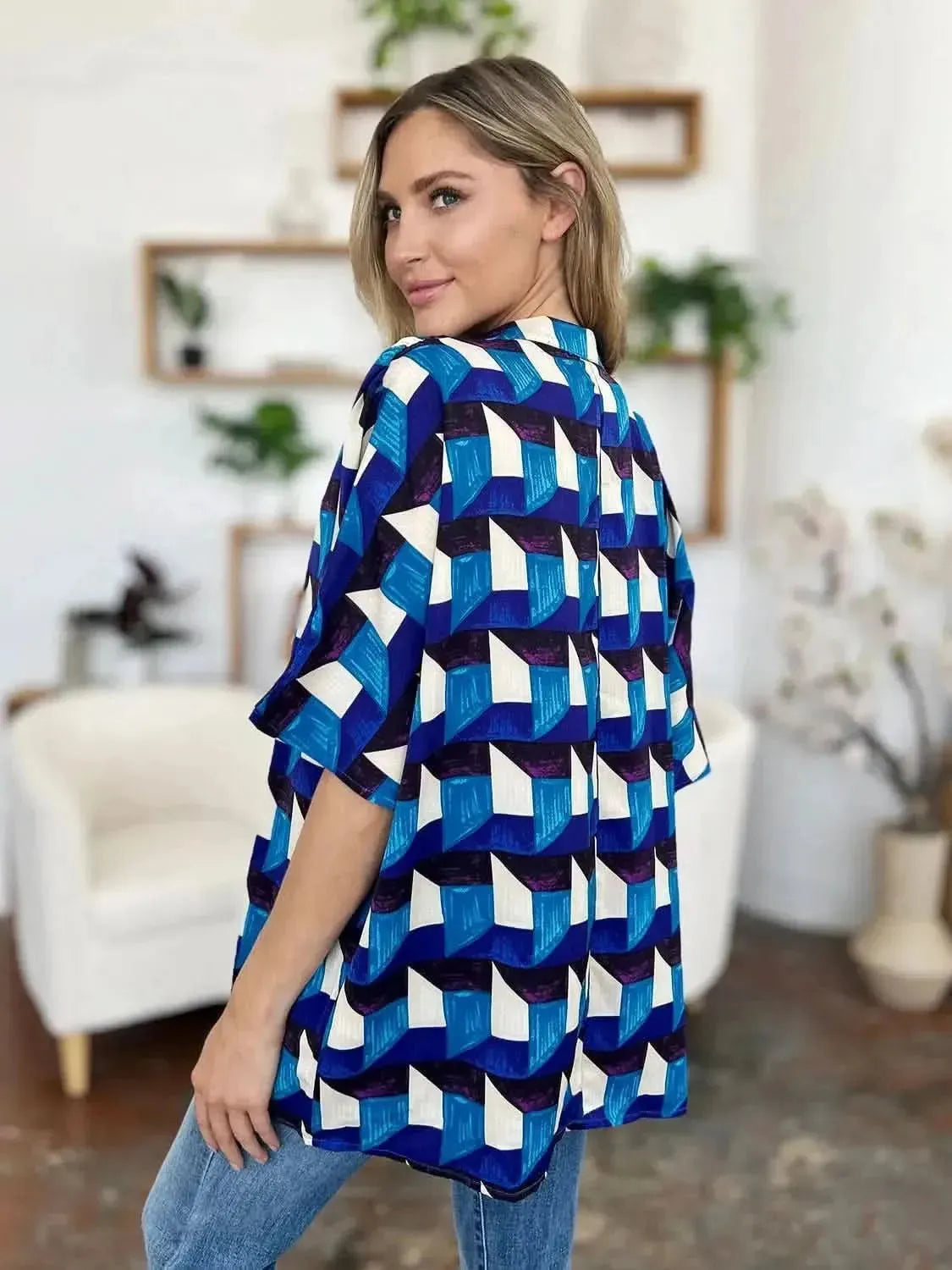 Double Take Full Size Geometric Notched Half Sleeve Blouse - Bad Moms Club
