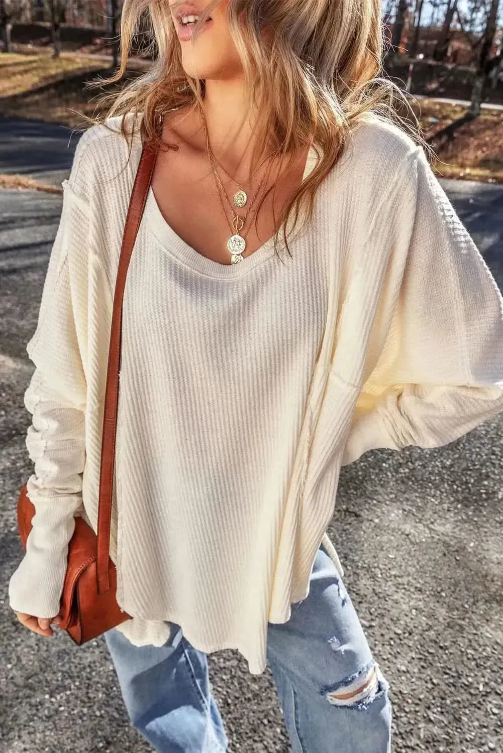 Exposed Seam Round Neck Long Sleeve Blouse - Bad Moms Club