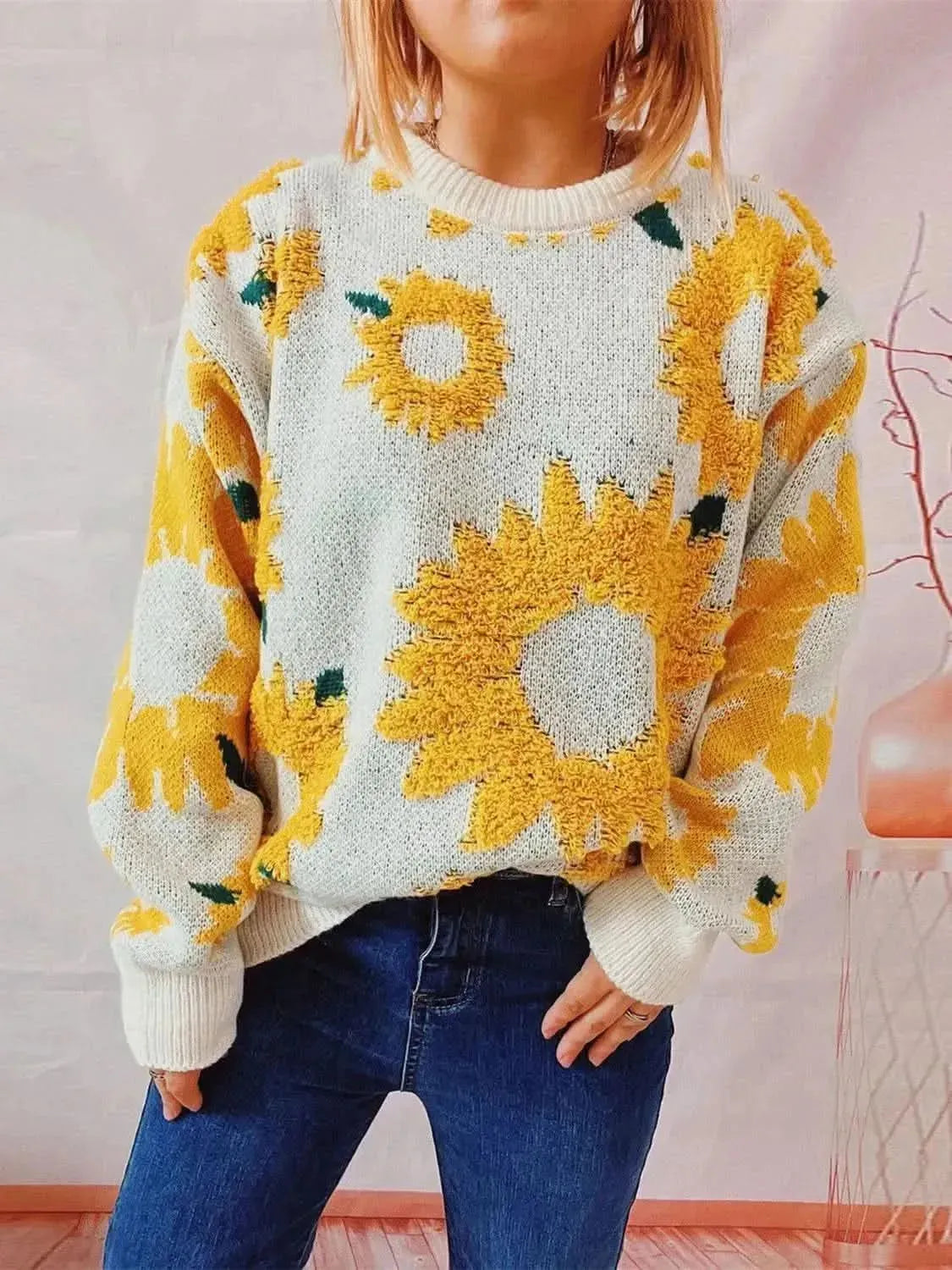 Sunflower Dropped Shoulder Long Sleeve Sweater - Bad Moms Club