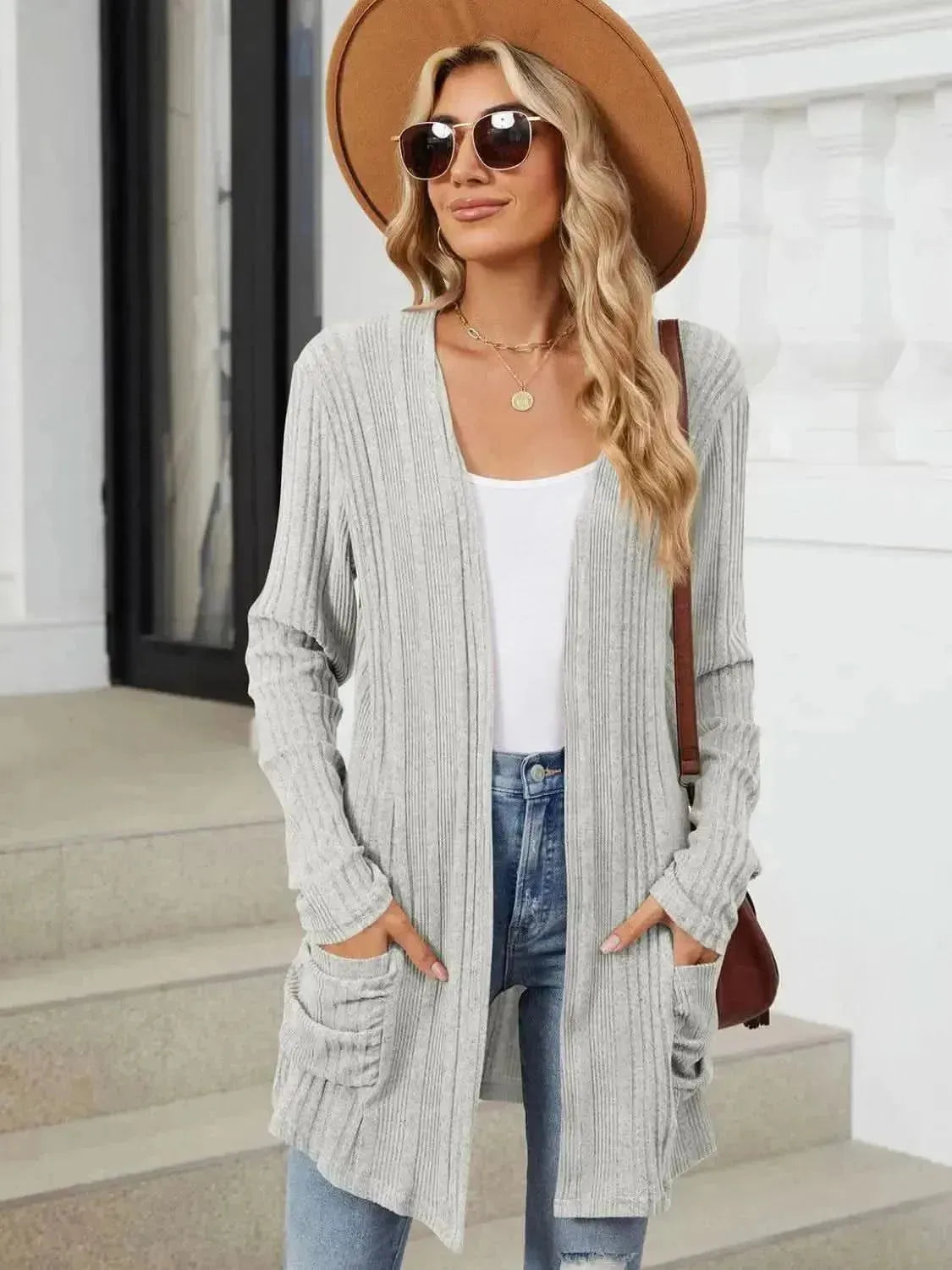 Pocketed Open Front Long Sleeve Cardigan - Bad Moms Club