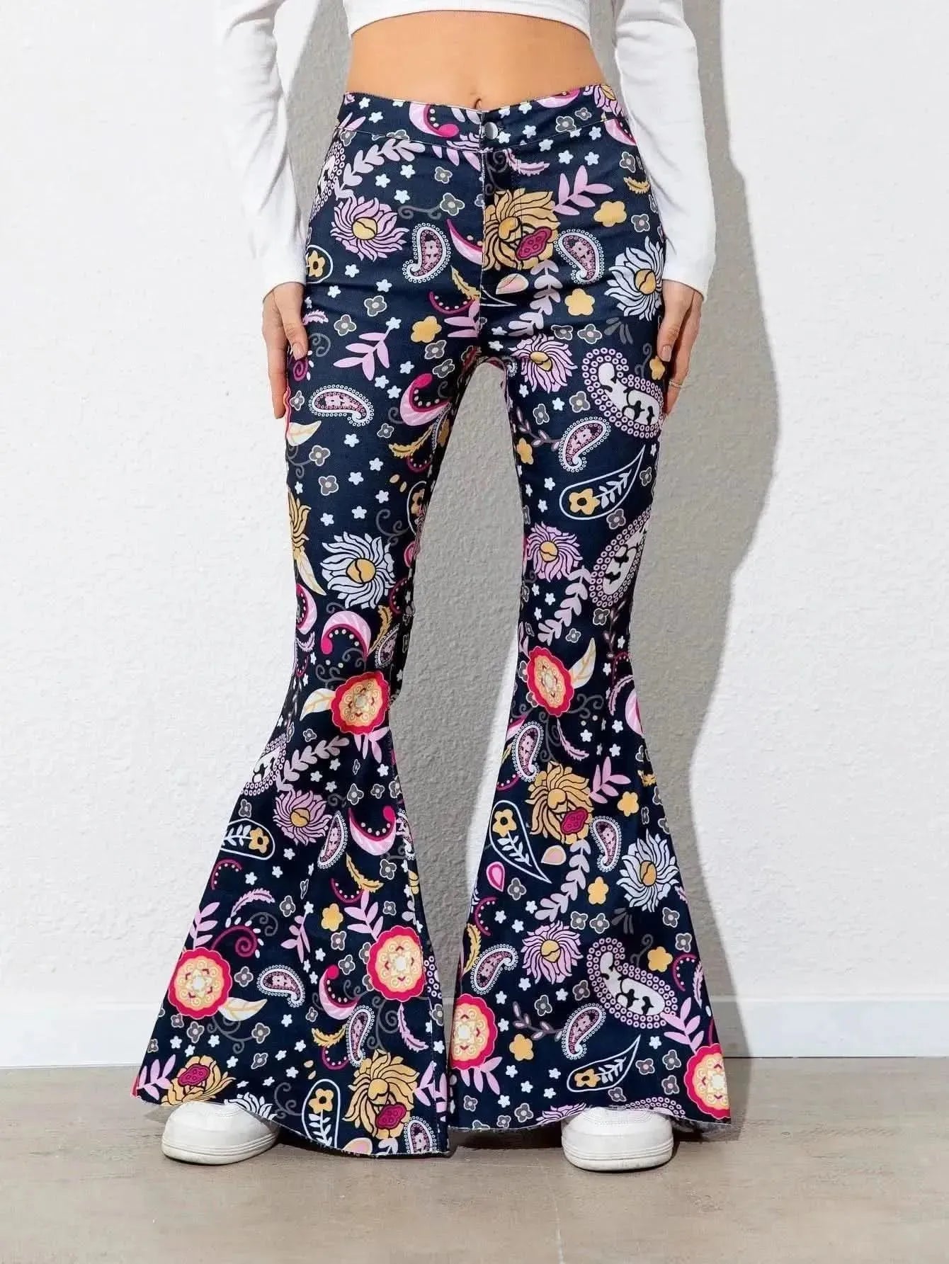 Floral High Waist Flare Leg Pants - Bad Moms Club