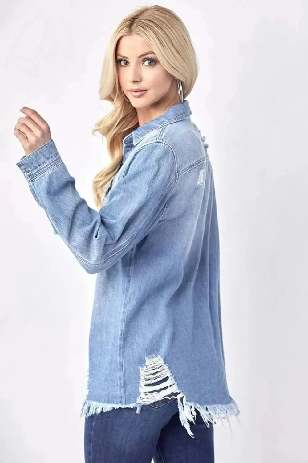 RISEN Button Up Distressed Denim Shirt - Bad Moms Club