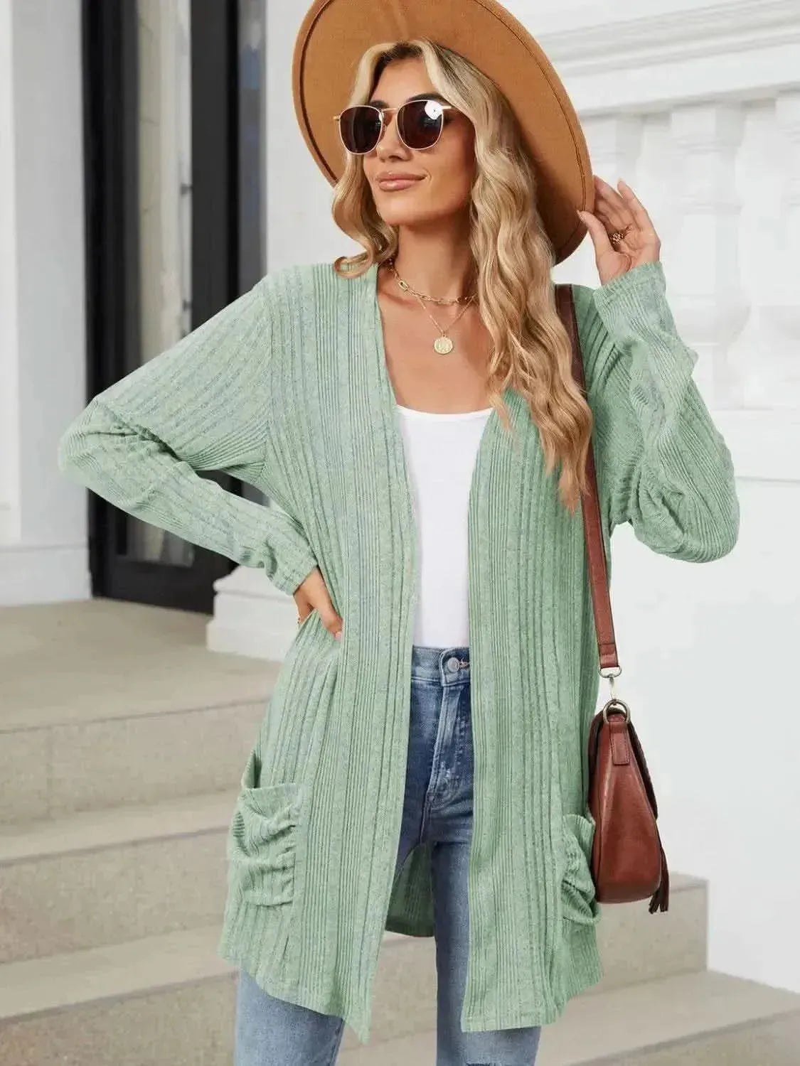 Pocketed Open Front Long Sleeve Cardigan - Bad Moms Club