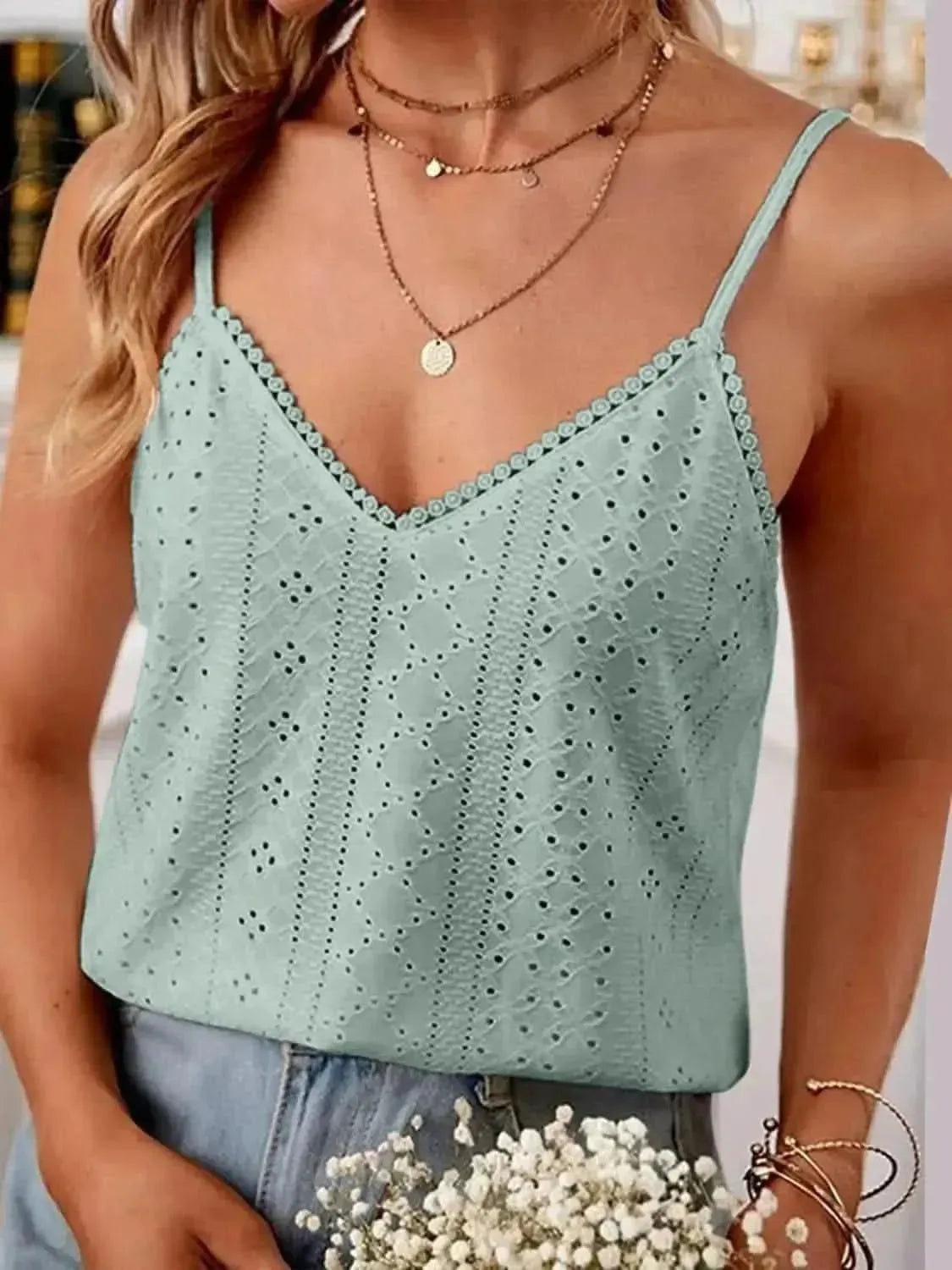 Eyelet Lace Detail V-Neck Cami - Bad Moms Club