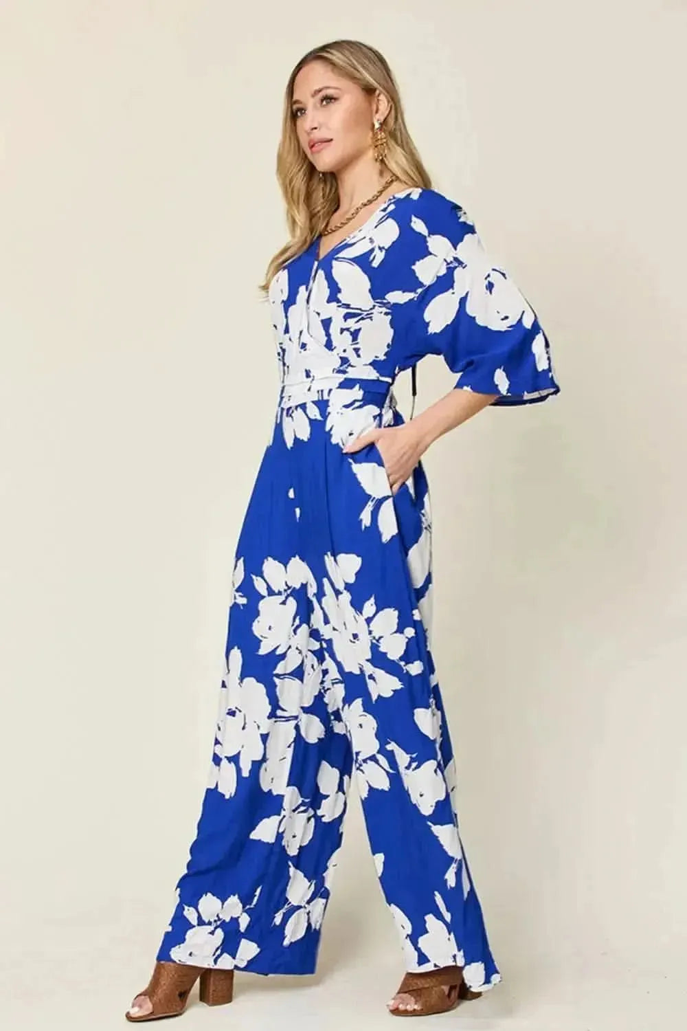 Double Take Full Size Printed Tie Back Wide Leg Jumpsuit - Bad Moms Club