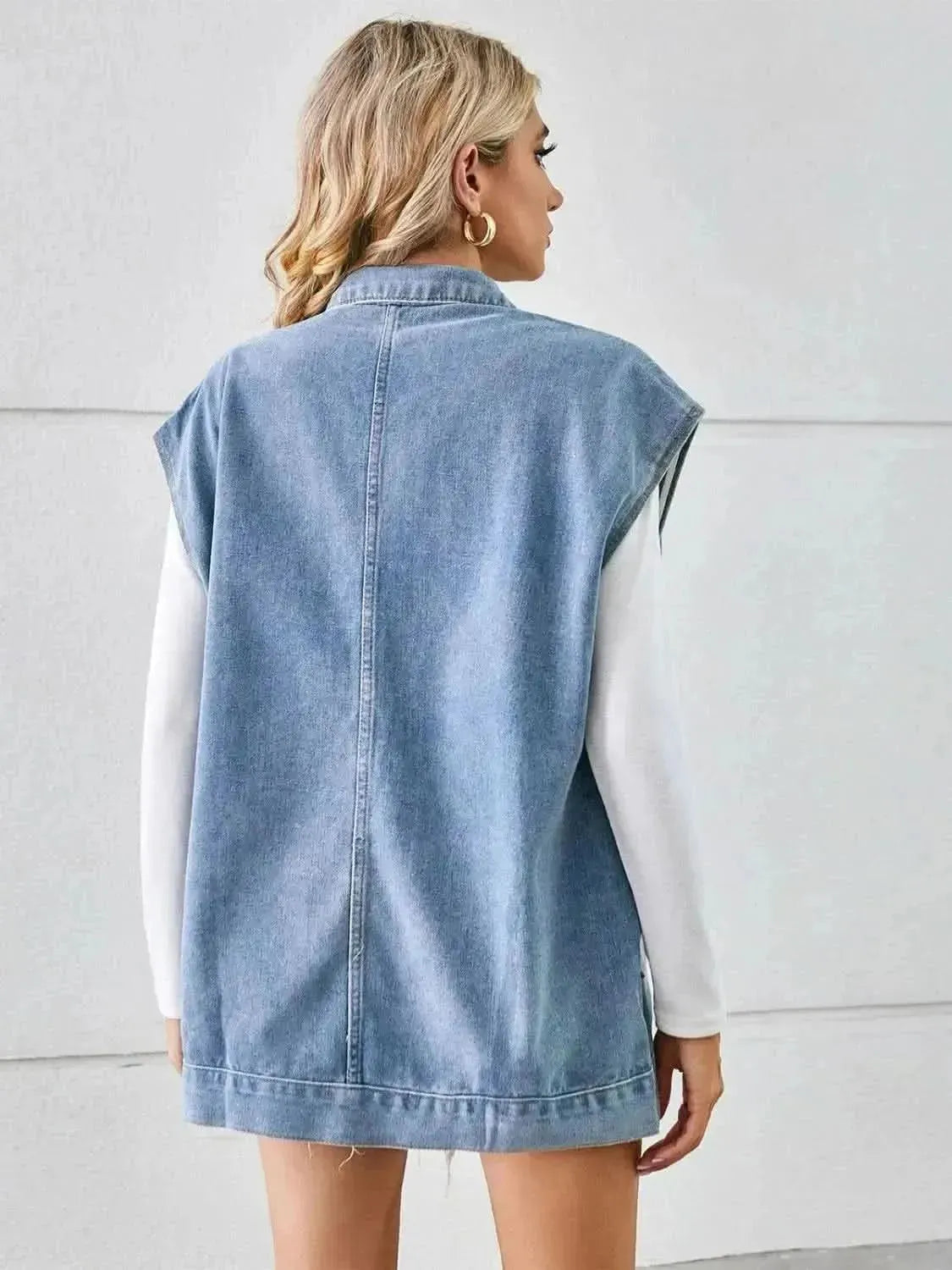 Pocketed Button Up Sleeveless Denim Jacket - Bad Moms Club