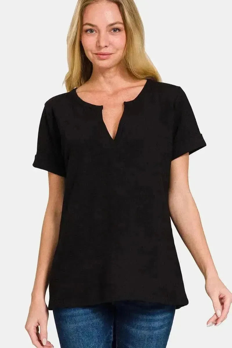 Zenana Notched Short Sleeve Waffle T-Shirt - Bad Moms Club