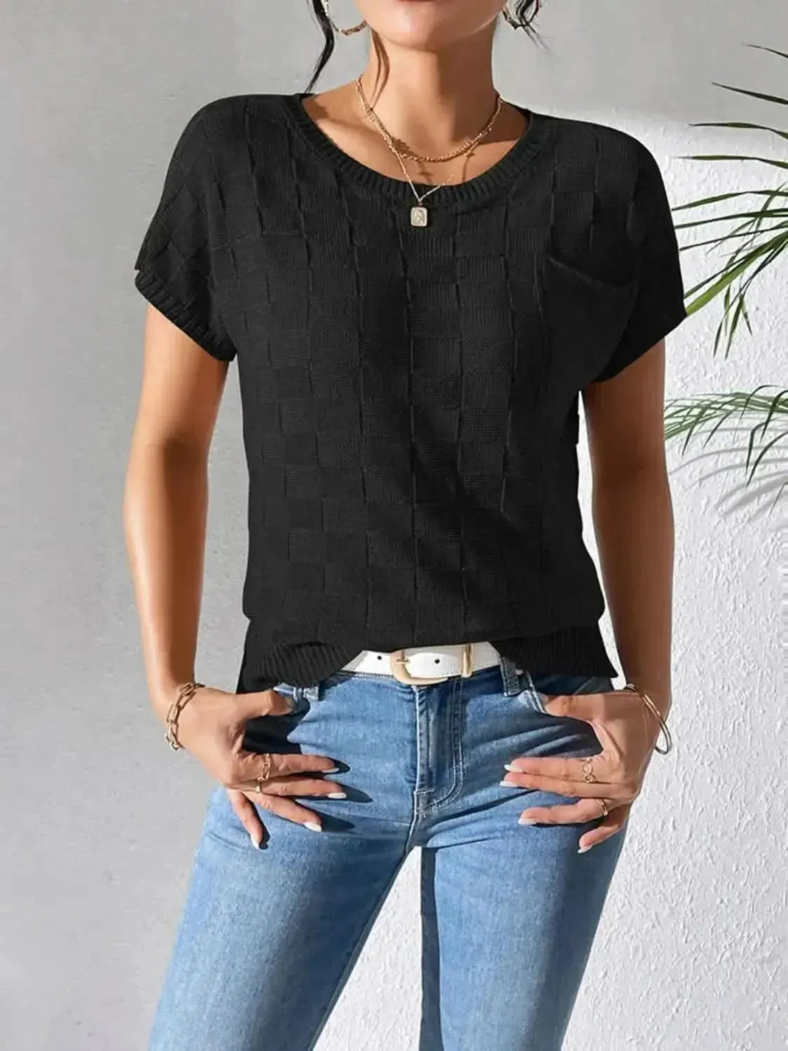 Round Neck Short Sleeve Knit Top - Bad Moms Club