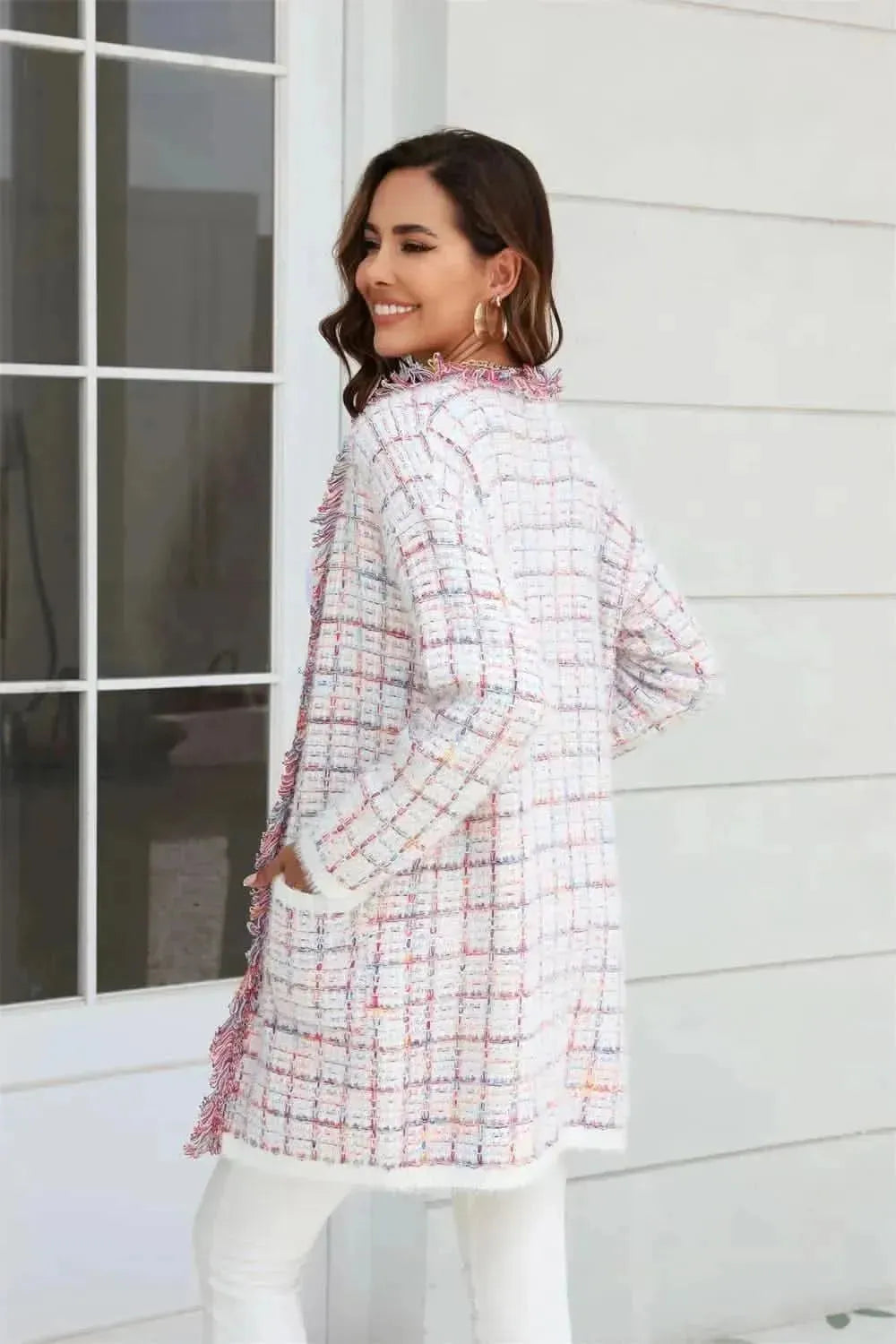 Plaid Fringe Trim Open Front Longline Cardigan - Bad Moms Club