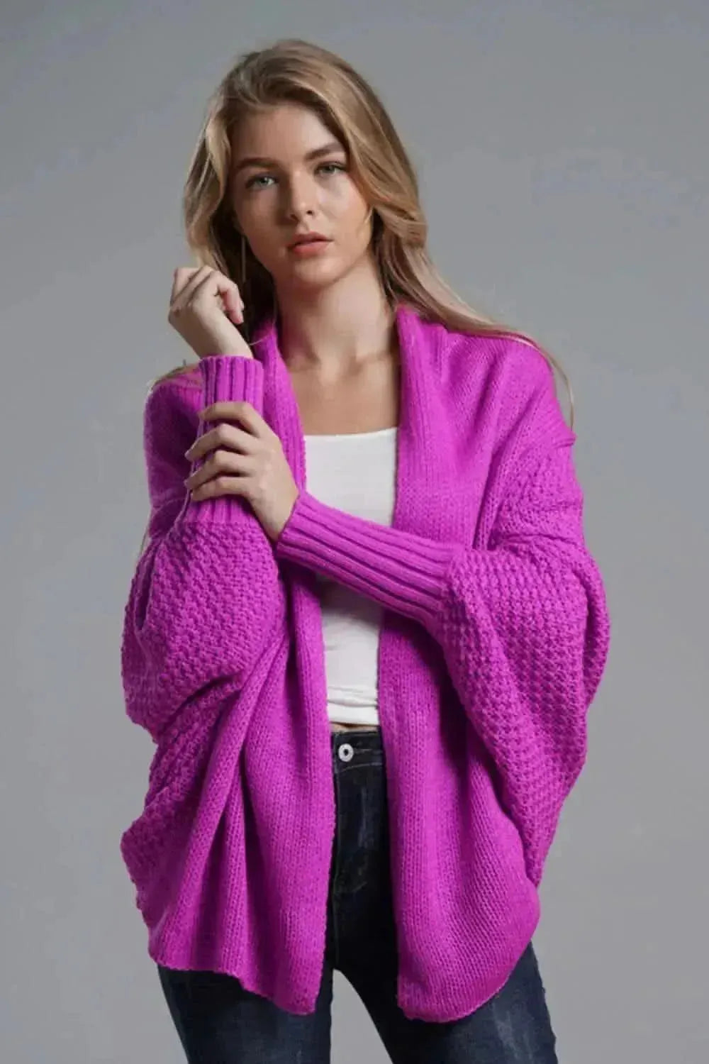 Dolman Sleeve Open Front Ribbed Trim Longline Cardigan - Bad Moms Club