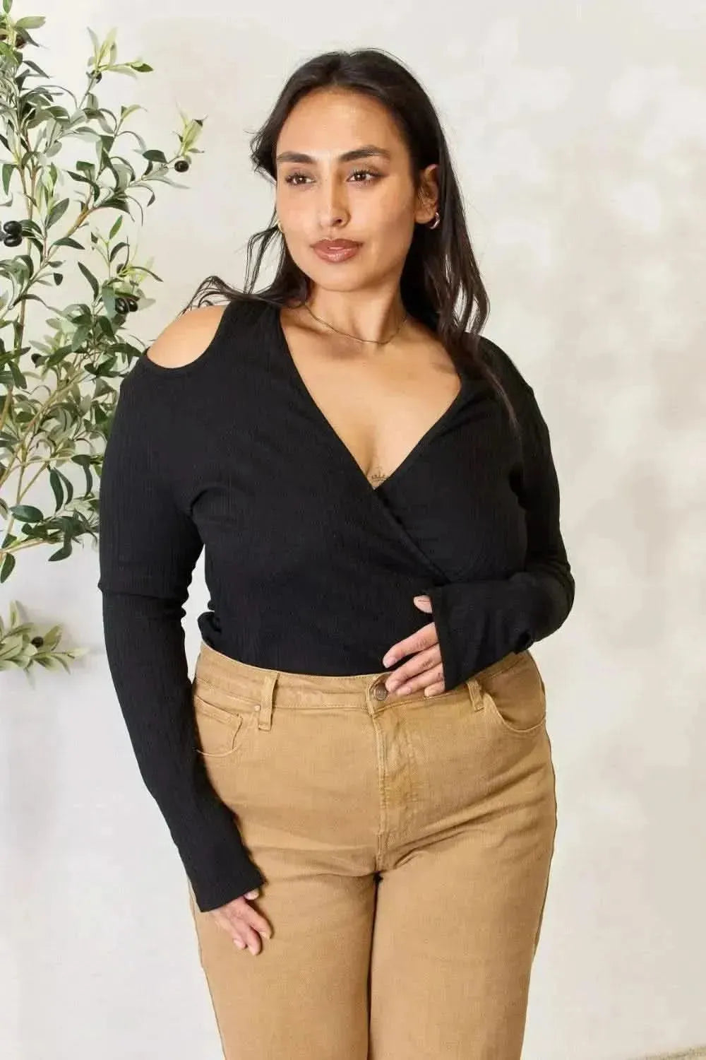 Culture Code Full Size Ribbed Surplice Cold Shoulder Top - Bad Moms Club