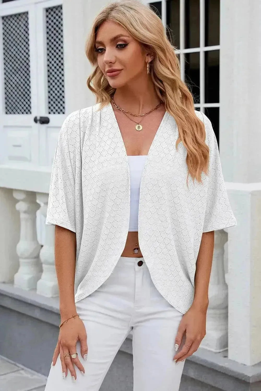 Eyelet Open Front Half Sleeve Cardigan - Bad Moms Club