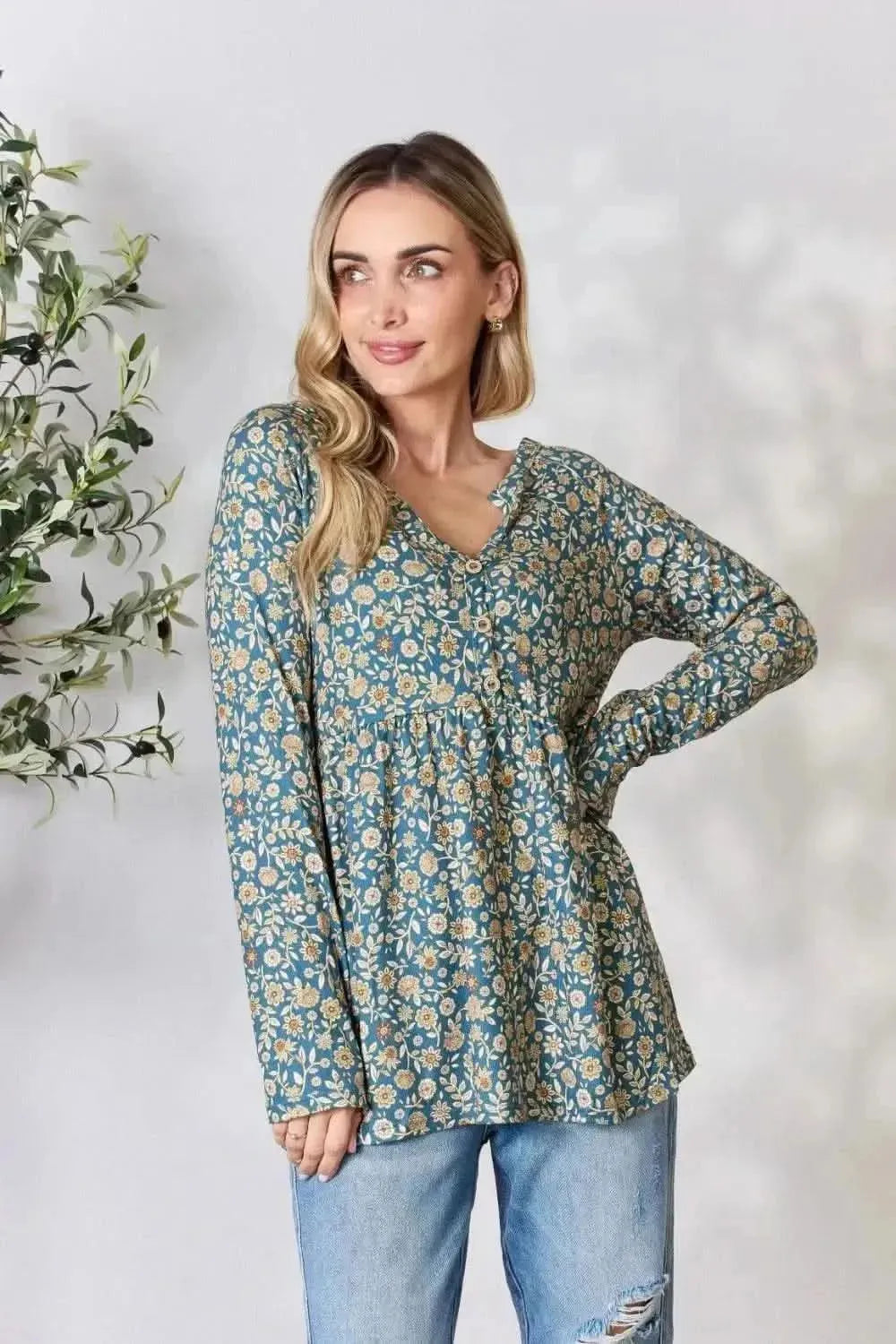 Heimish Full Size Floral Half Button Long Sleeve Blouse - Bad Moms Club