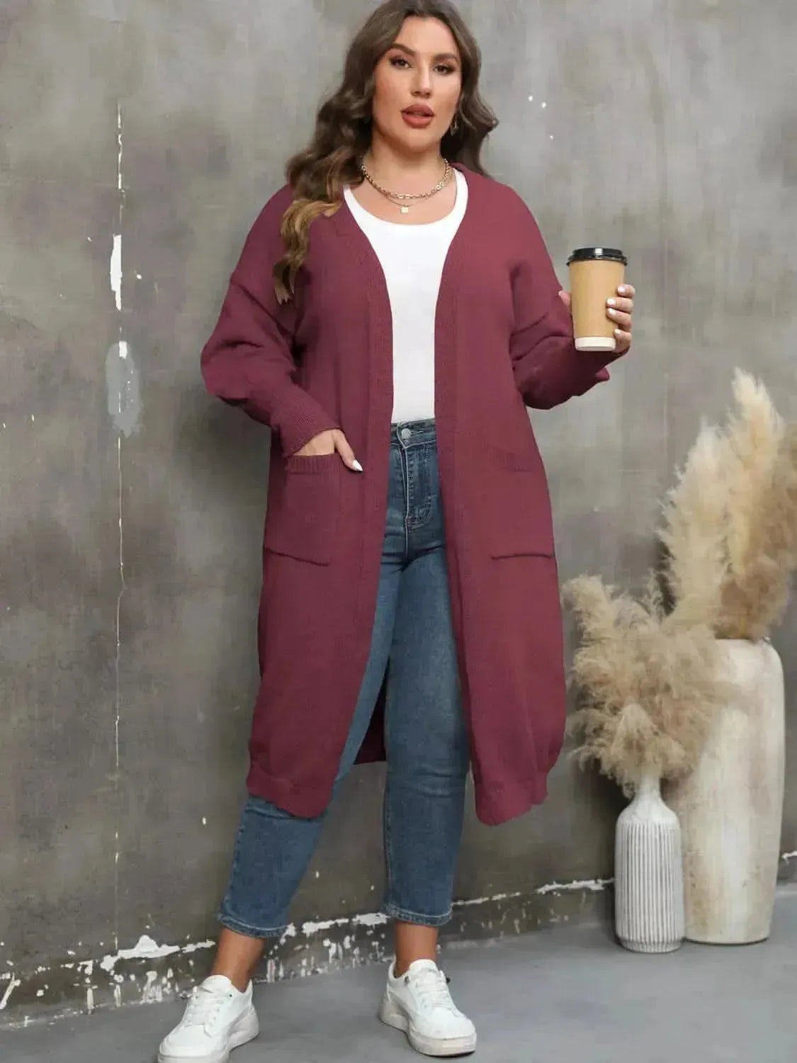 Plus Size Long Sleeve Pocketed Cardigan - Bad Moms Club