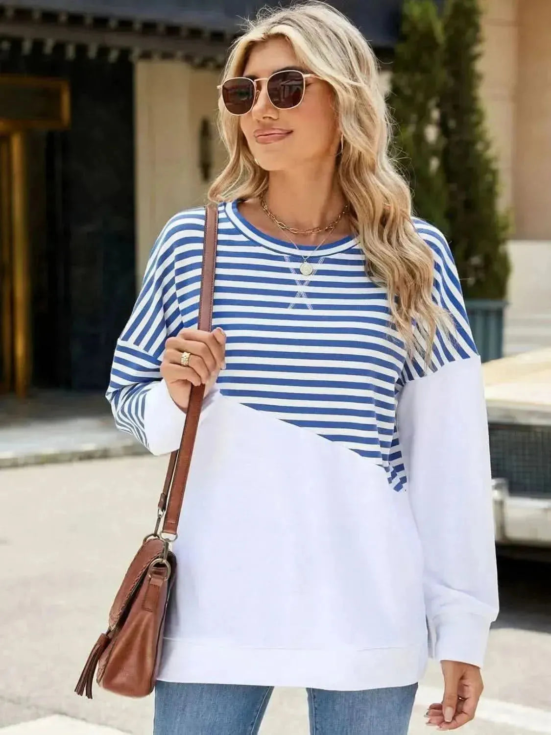 Slit Contrast Striped Long Sleeve Sweatshirt - Bad Moms Club