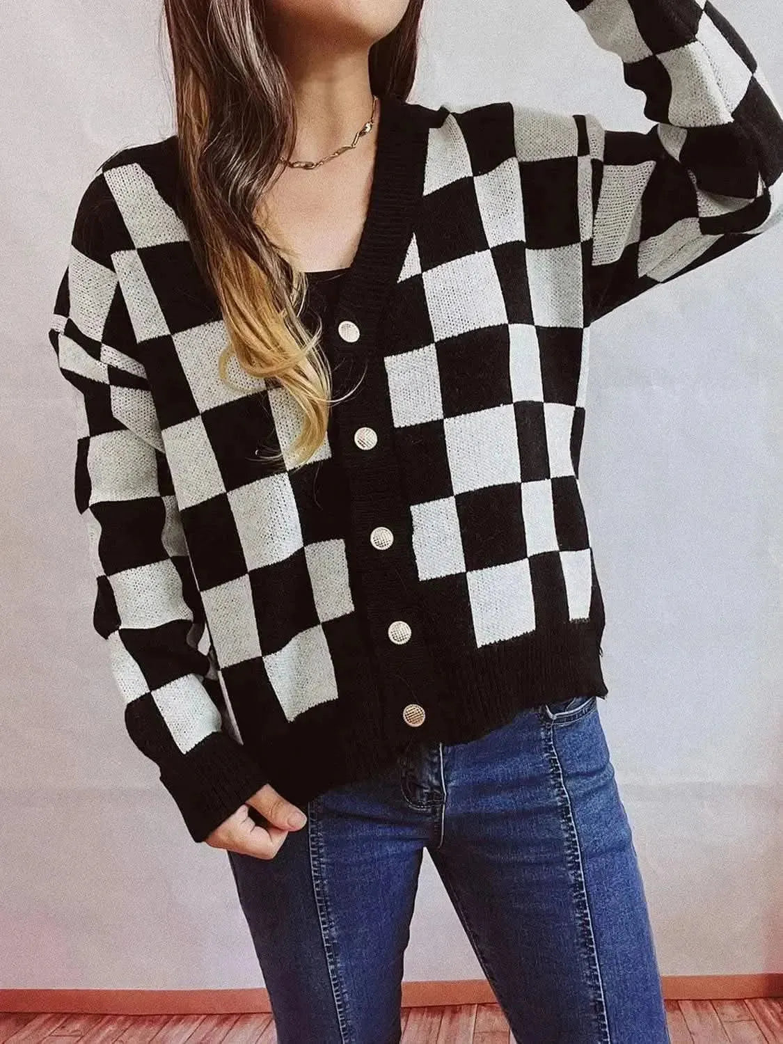 Checkered Open Front Button Up Cardigan - Bad Moms Club