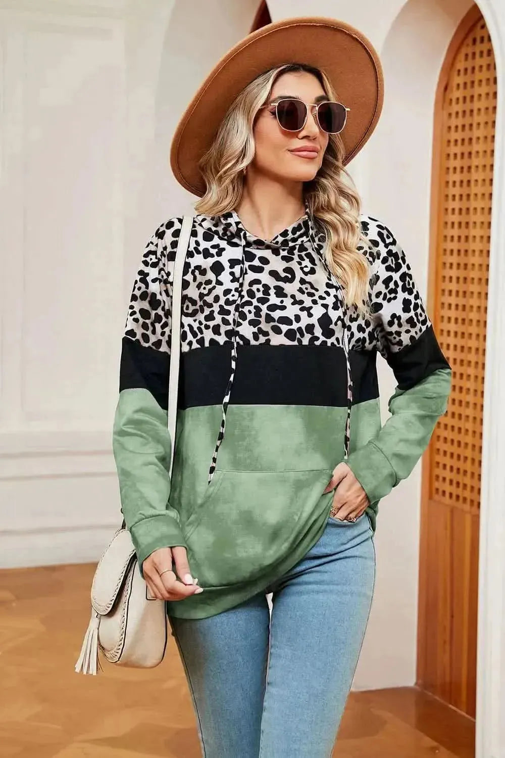 Leopard Drawstring Hoodie with Pocket - Bad Moms Club