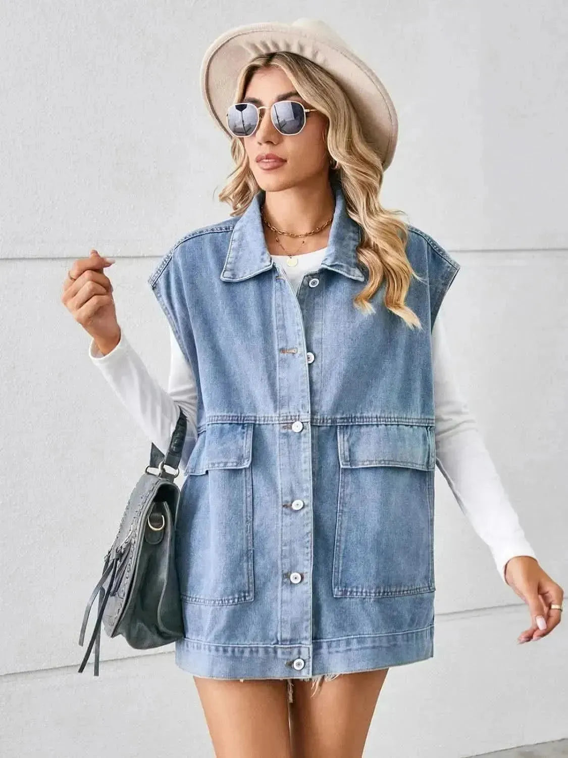 Pocketed Button Up Sleeveless Denim Jacket - Bad Moms Club