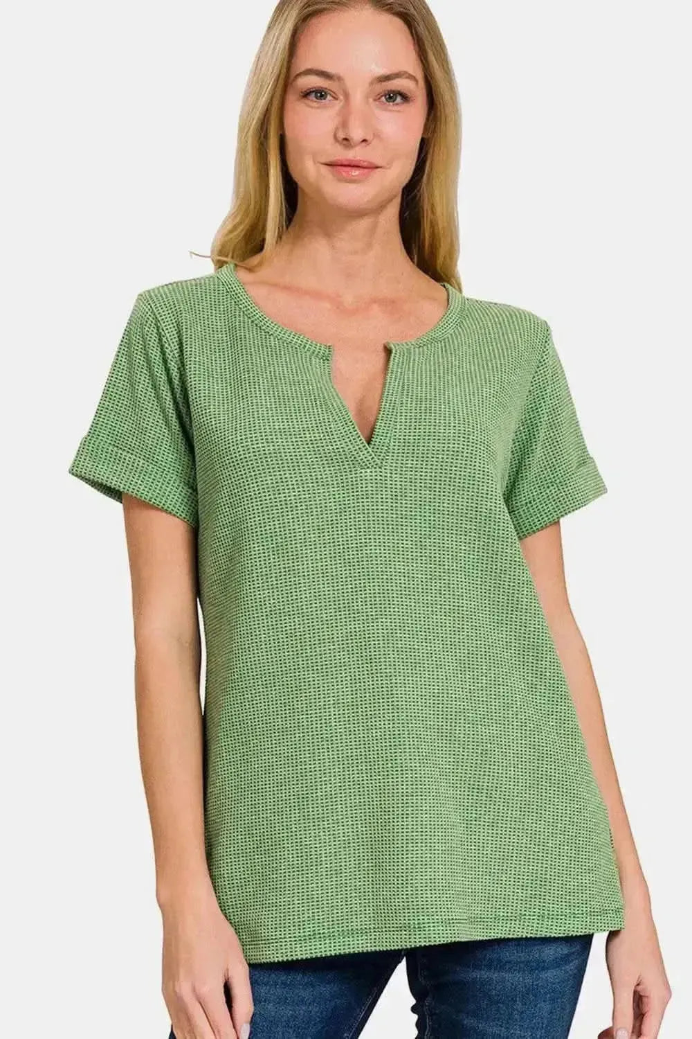 Zenana Waffle Notched Short Sleeve T-Shirt - Bad Moms Club