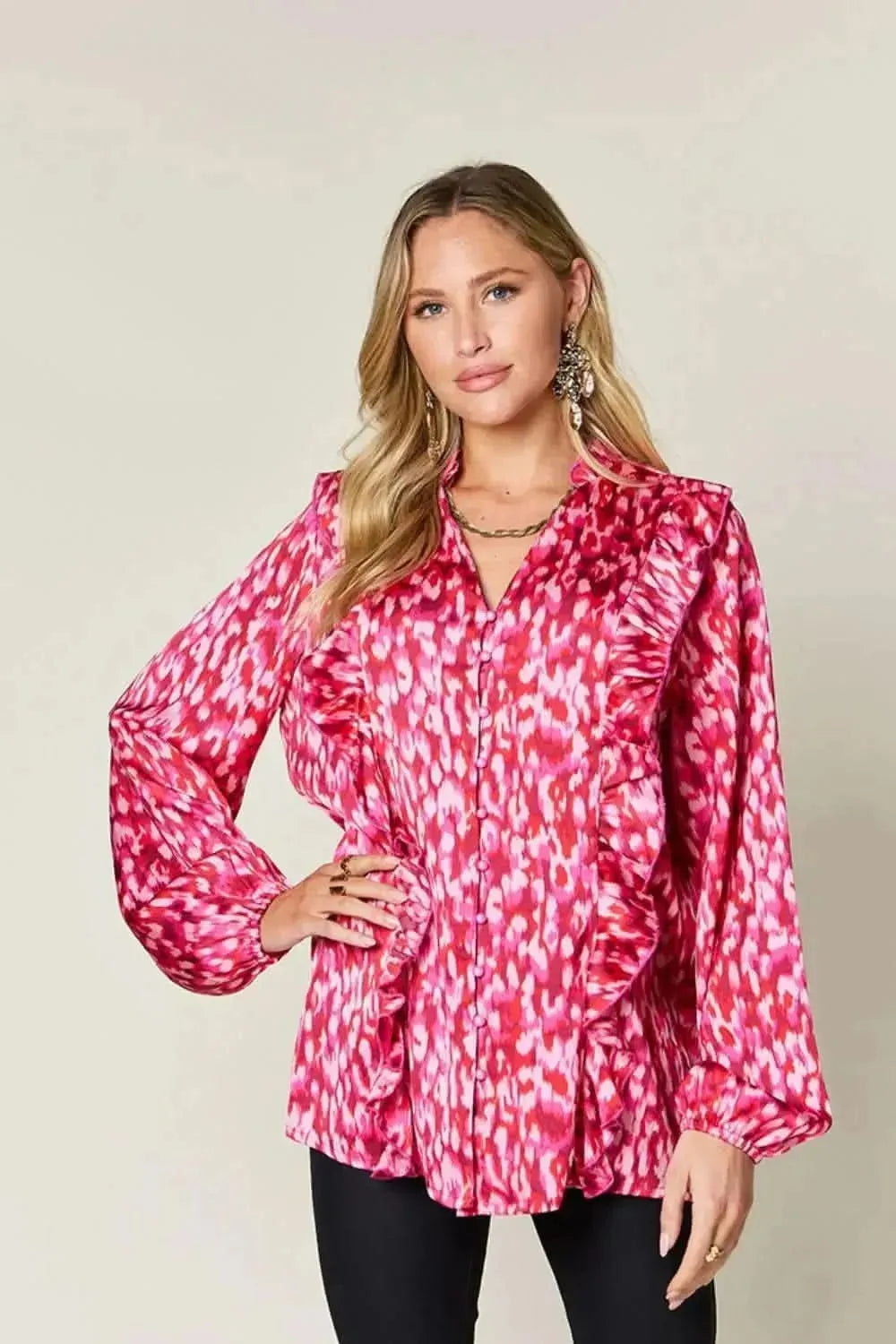 Double Take Full Size Printed Ruffle Trim Balloon Sleeve Shirt - Bad Moms Club