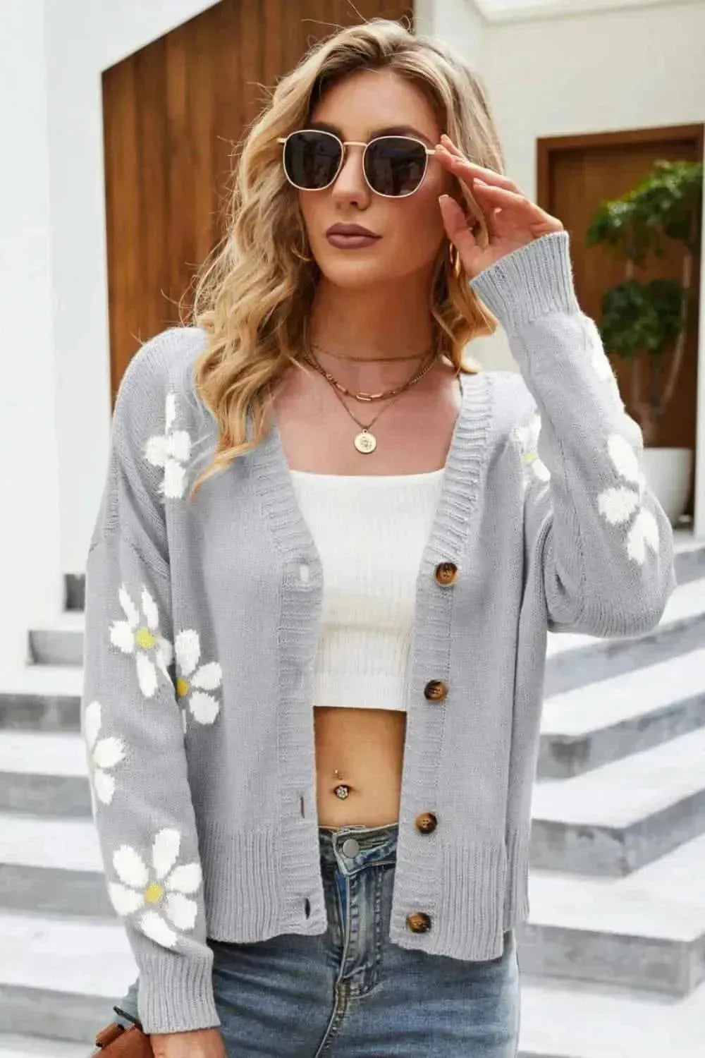 Floral Ribbed Trim Drop Shoulder Cardigan - Bad Moms Club