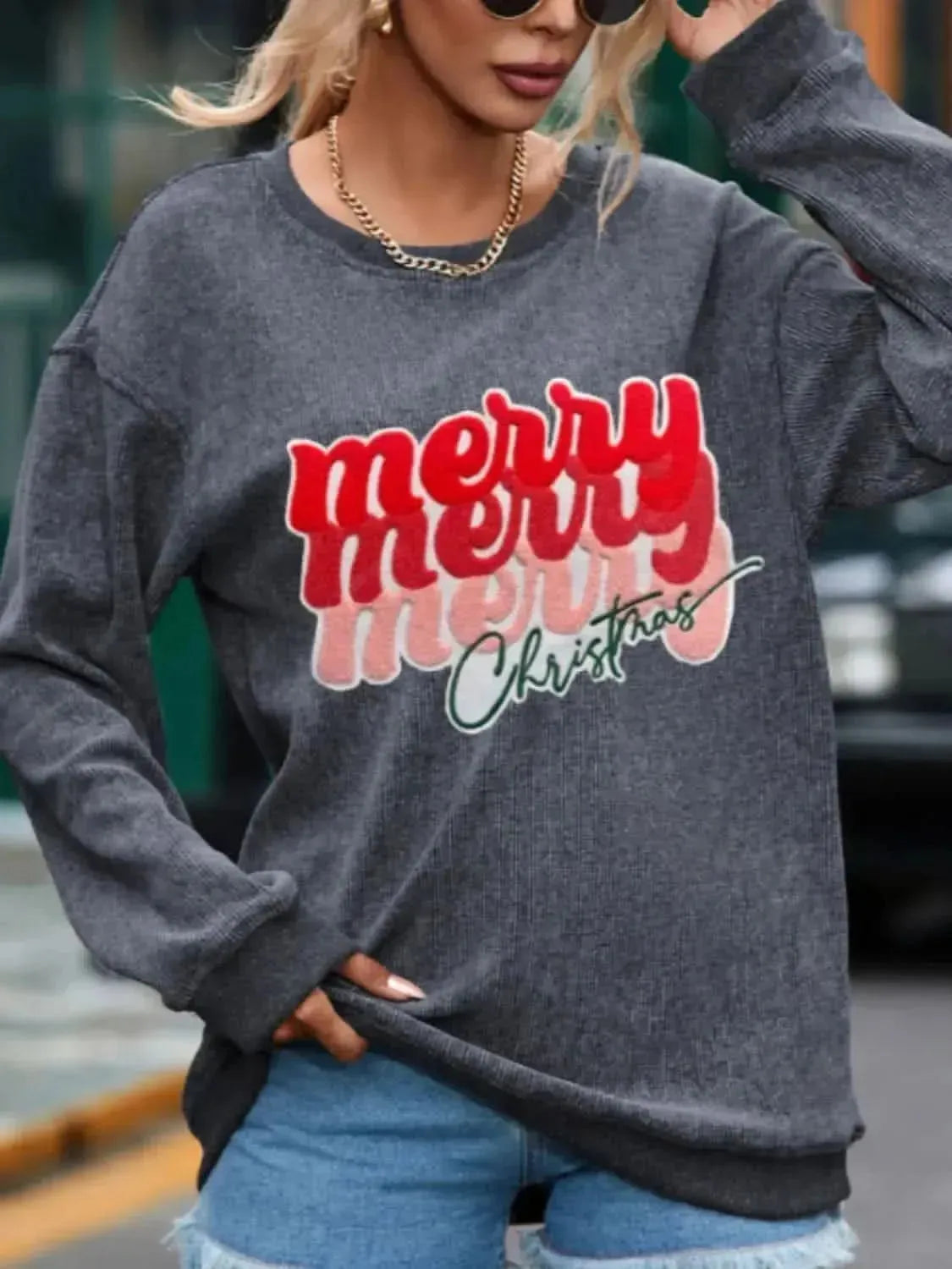 Full Size MERRY CHRISTMAS Round Neck Long Sleeve Sweatshirt - Bad Moms Club