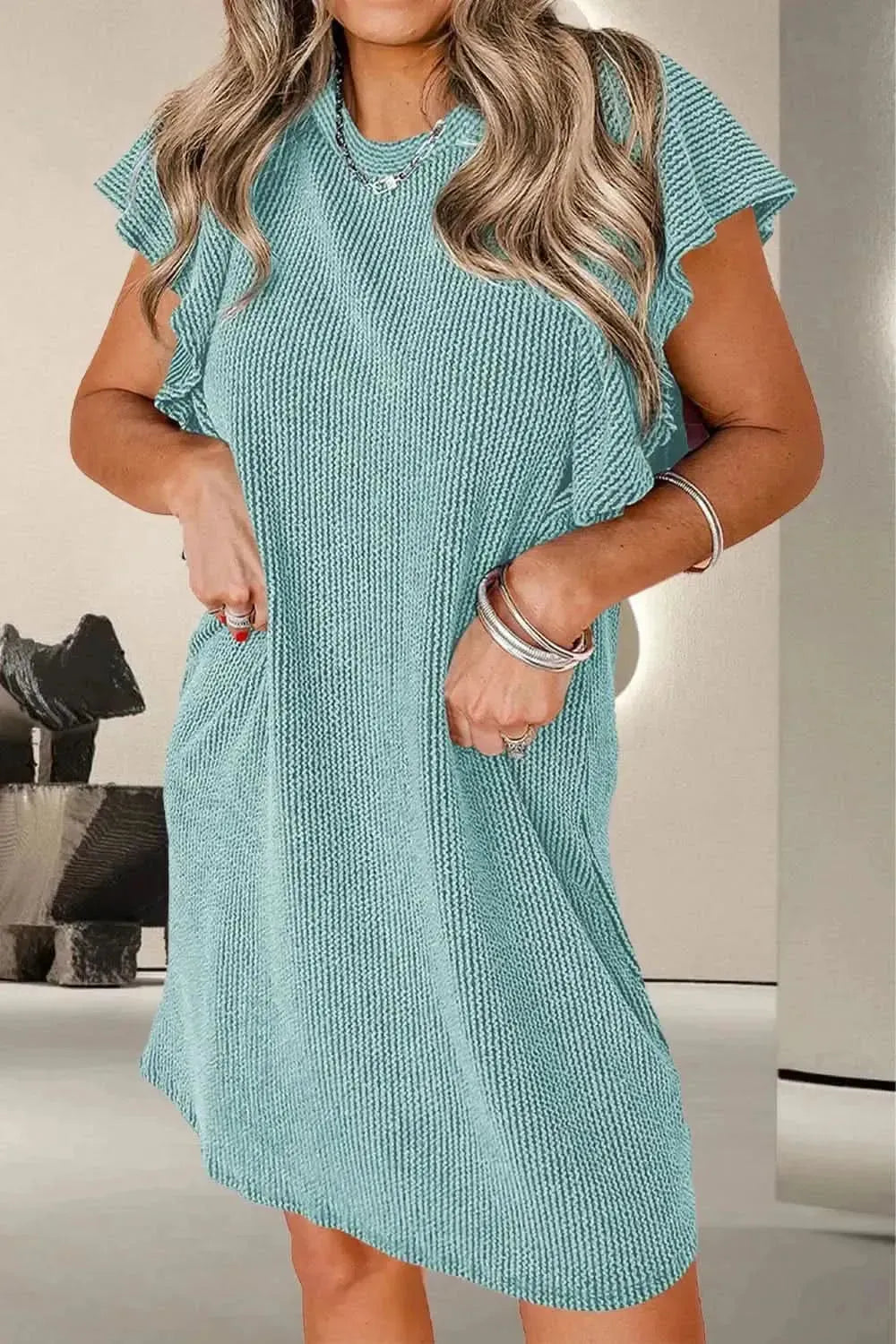Textured Ruffled Round Neck Cap Sleeve Dress - Bad Moms Club