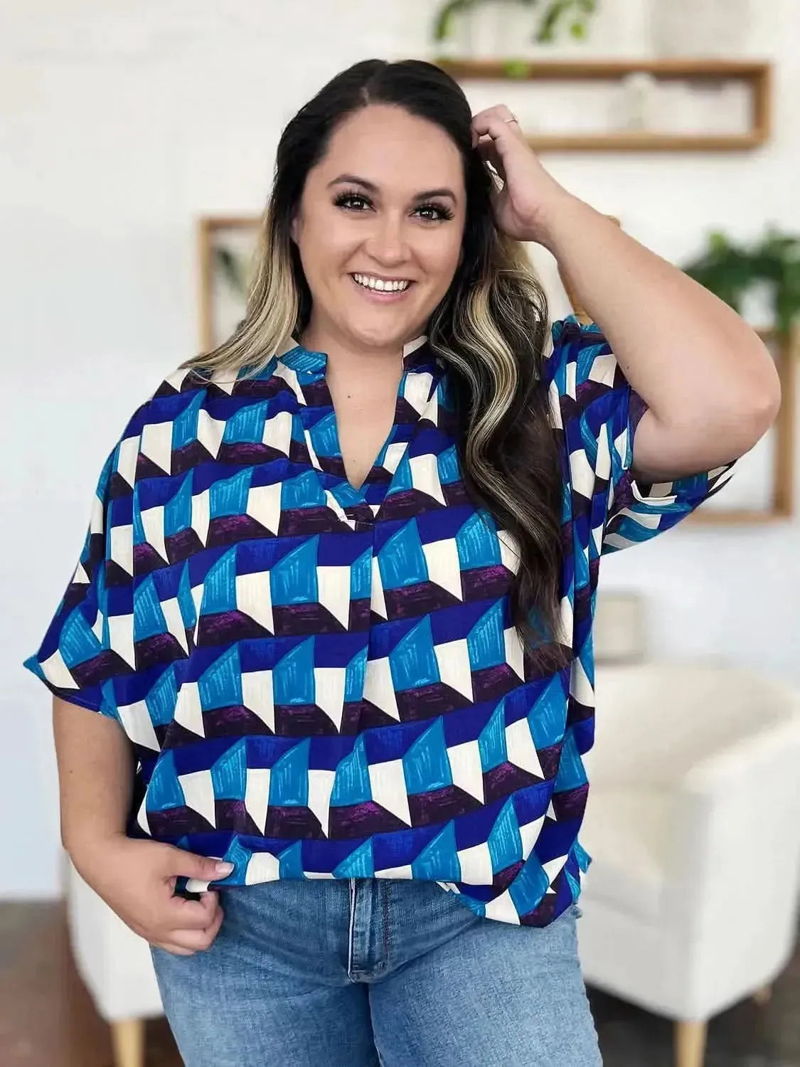 Double Take Full Size Geometric Notched Half Sleeve Blouse - Bad Moms Club