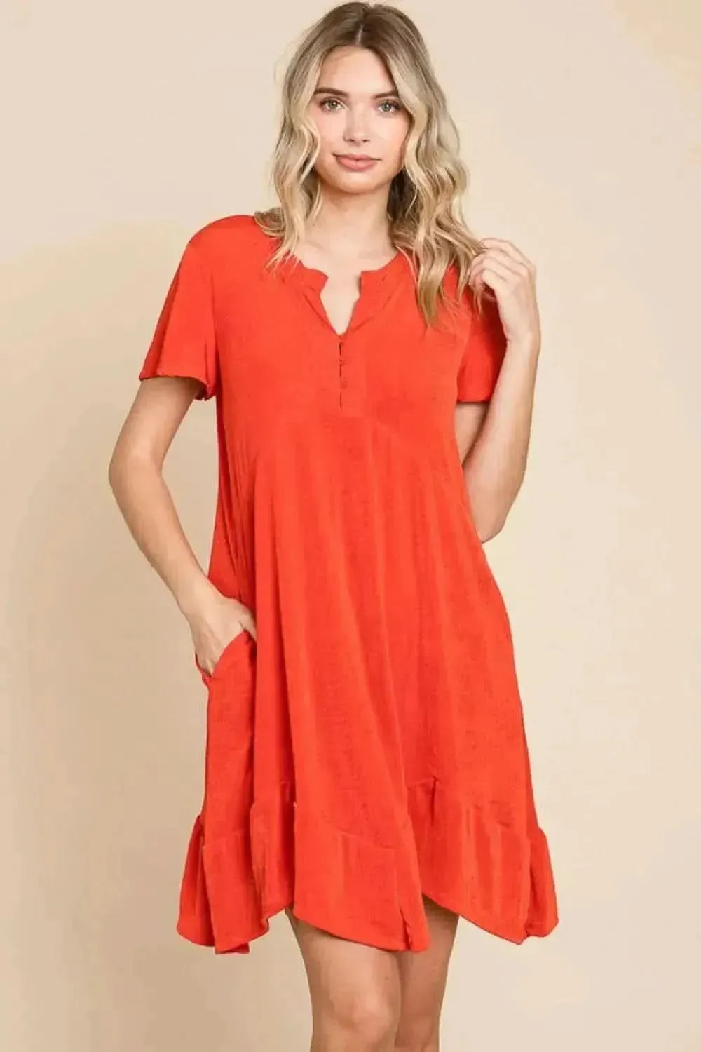 Culture Code Full Size Short Sleeve Ruffled Asymmetric Hem Dress - Bad Moms Club