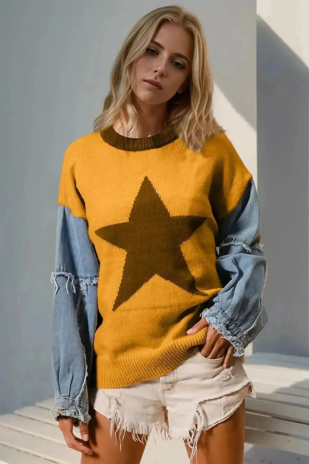 Double Take Full Size Star Pattern Raw Edge Long Sleeve Sweater - Bad Moms Club