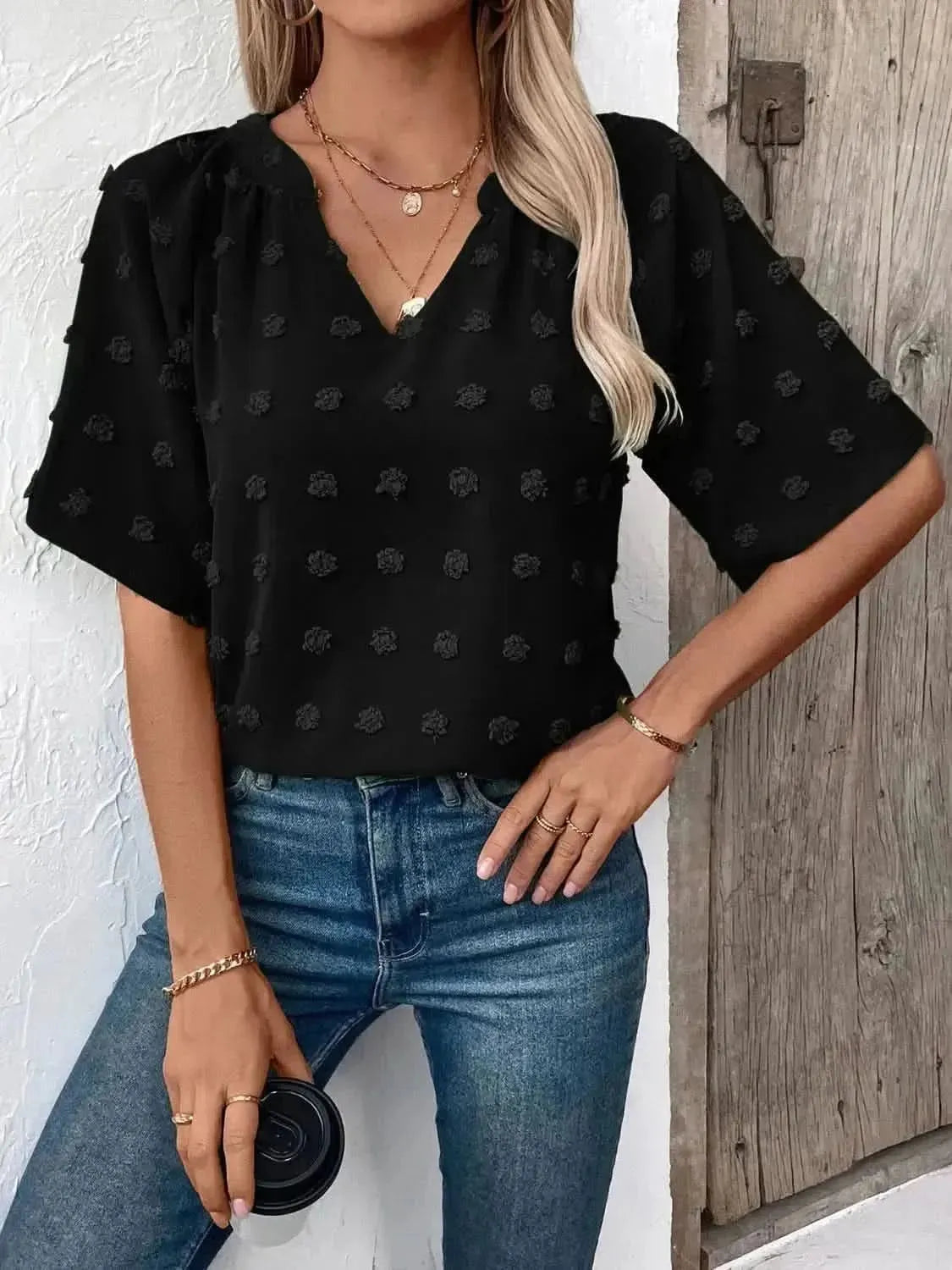 Ivy Lane Swiss Dot Notched Half Sleeve Blouse - Bad Moms Club