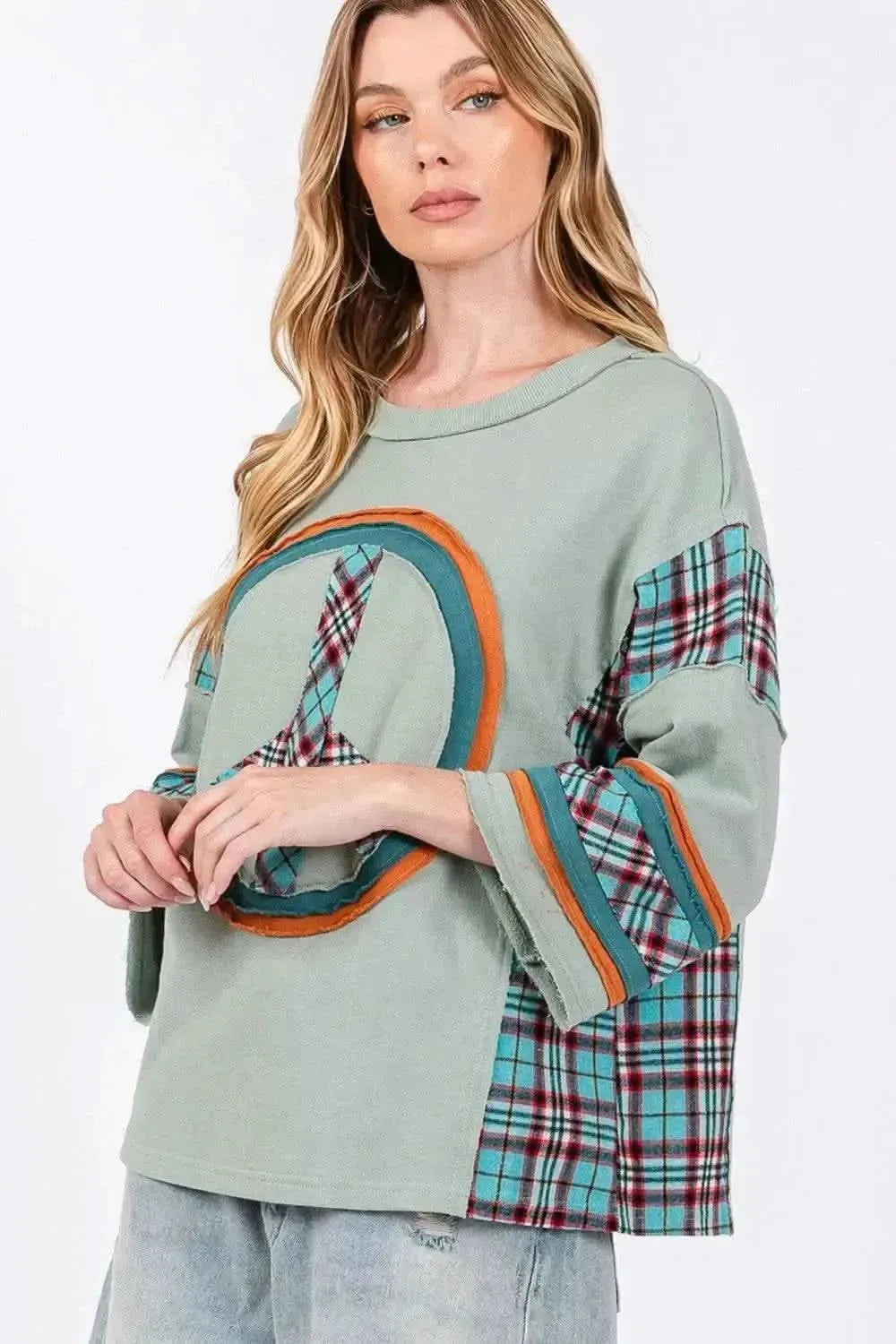 SAGE + FIG Peace Applique Patch Contrast Plaid Top - Bad Moms Club