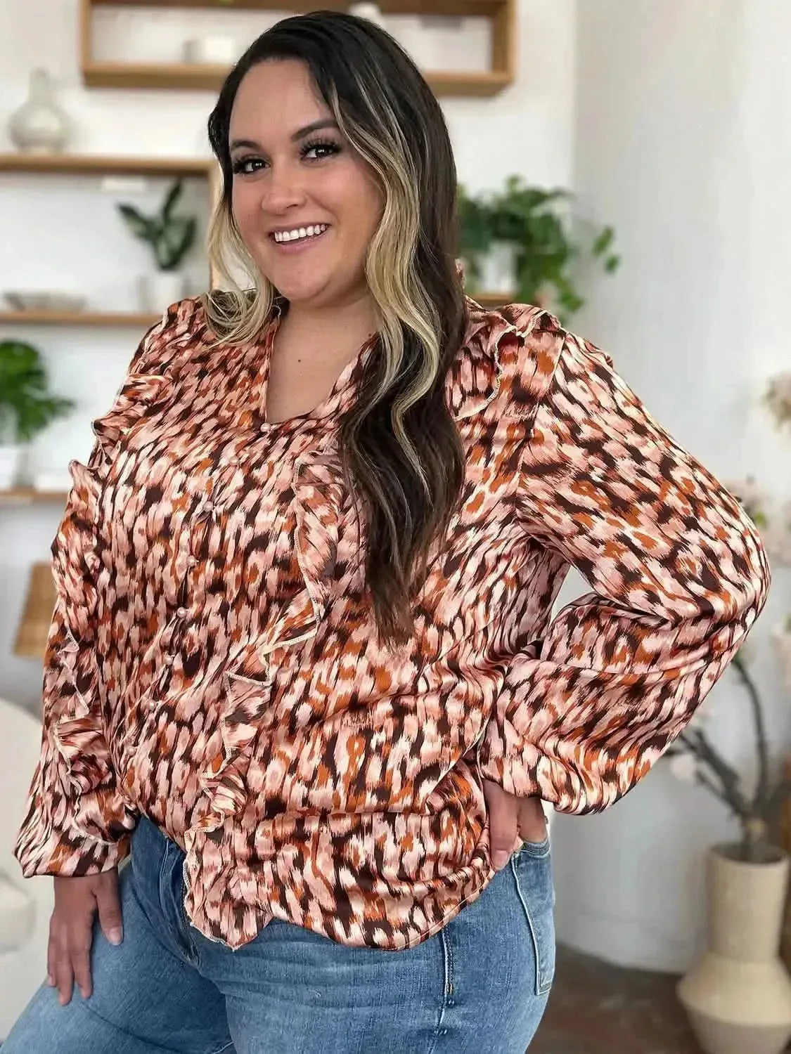 Double Take Full Size Printed Ruffle Trim Balloon Sleeve Shirt - Bad Moms Club