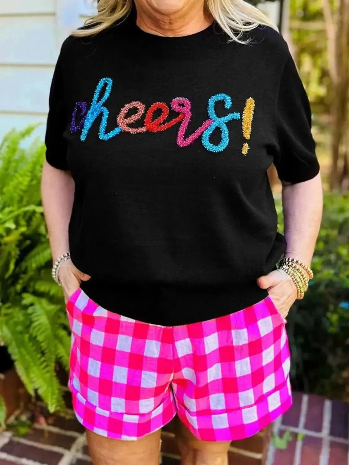 Plus Size CHEERS Round Neck Short Sleeve Sweater - Bad Moms Club