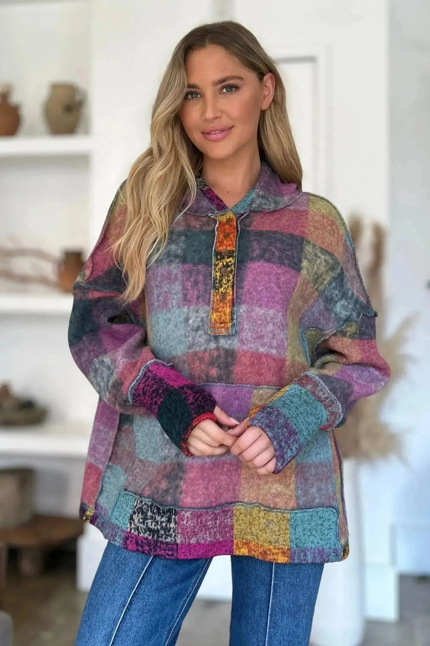 Double Take Full Size Plaid Dropped Shoulder Fleece Hoodie - Bad Moms Club