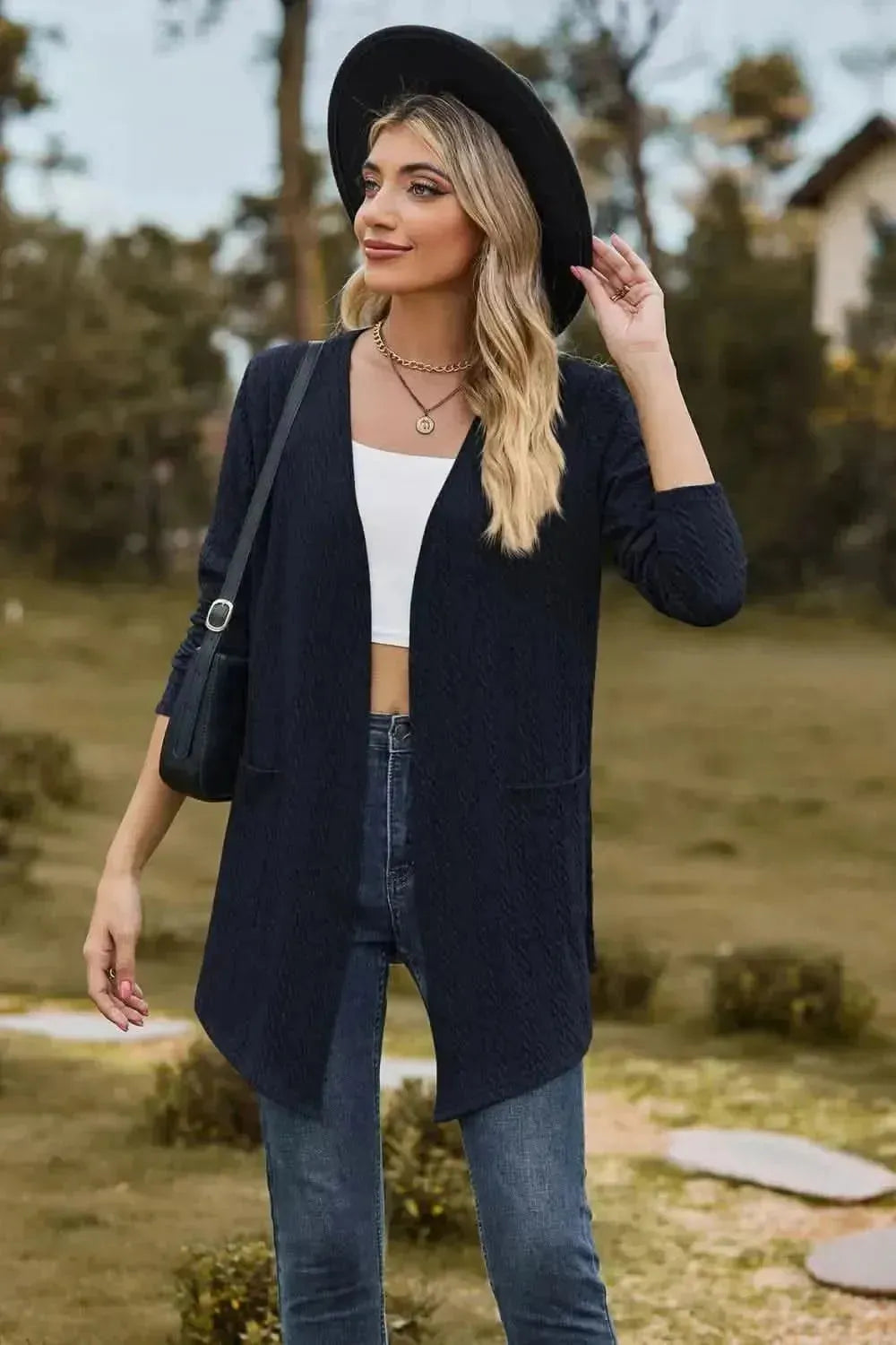Cable-Knit Long Sleeve Cardigan with Pocket - Bad Moms Club
