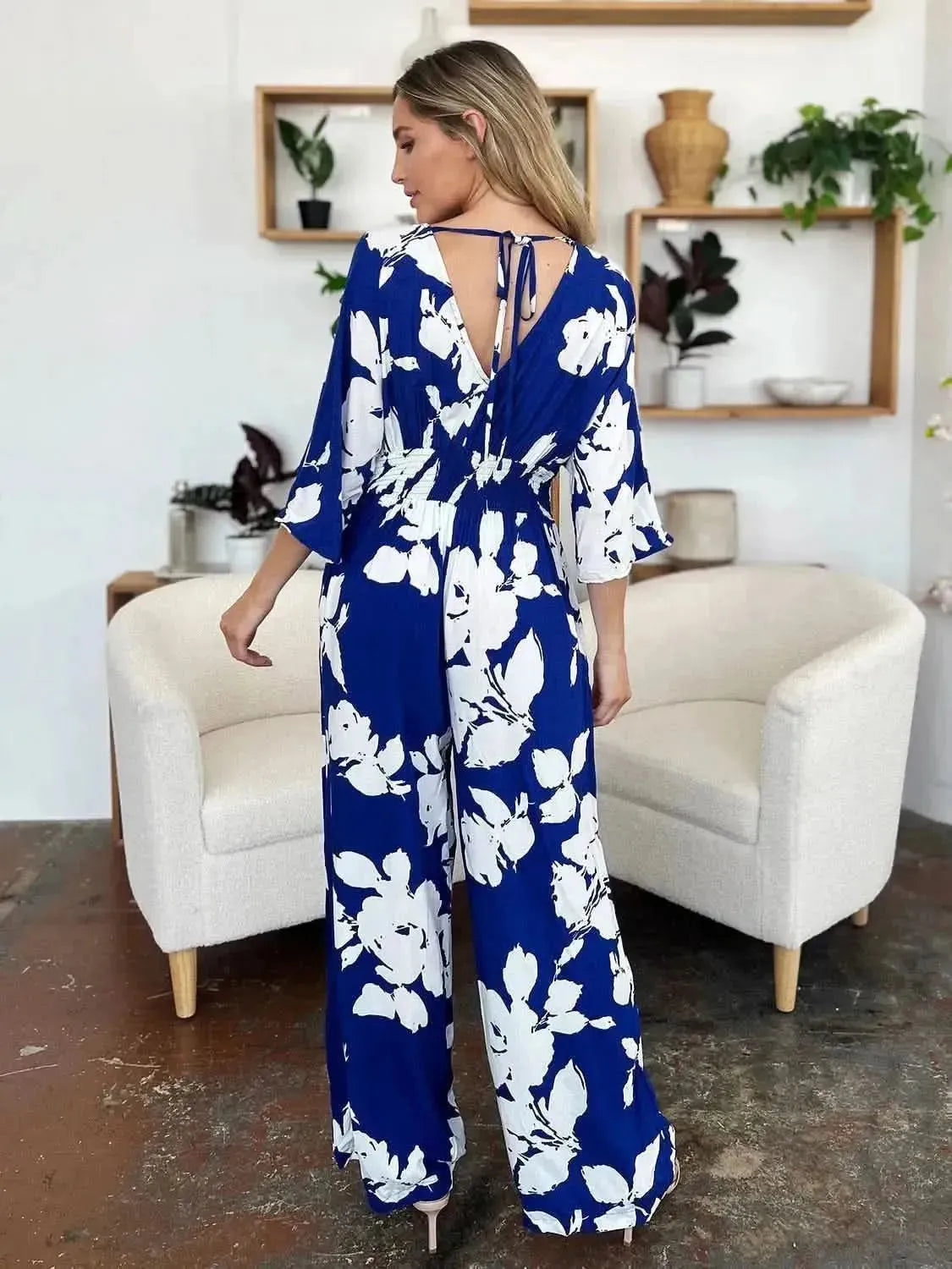 Double Take Full Size Printed Tie Back Wide Leg Jumpsuit - Bad Moms Club