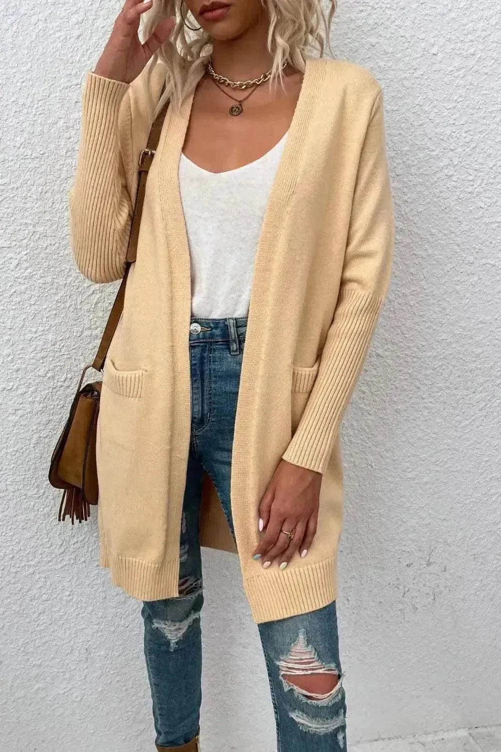 Open Front Long Sleeve Cardigan with Pockets - Bad Moms Club