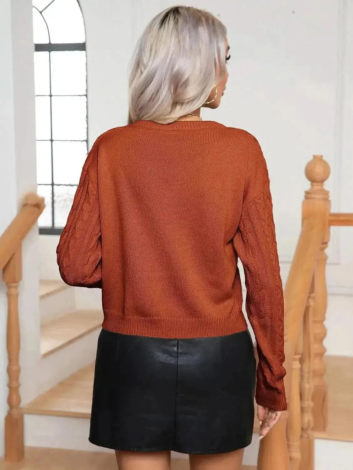 Cable-Knit Round Neck Long Sleeve Sweater - Bad Moms Club