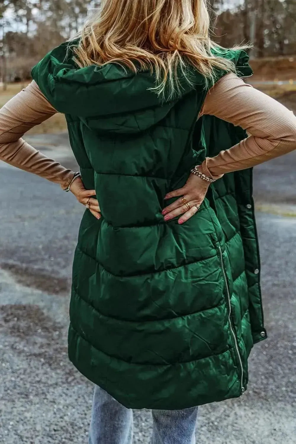 Longline Hooded Sleeveless Puffer Vest - Bad Moms Club