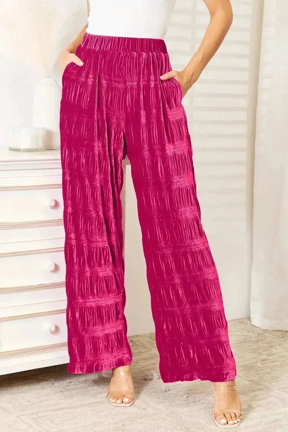 Double Take Full Size High Waist Tiered Shirring Velvet Wide Leg Pants - Bad Moms Club