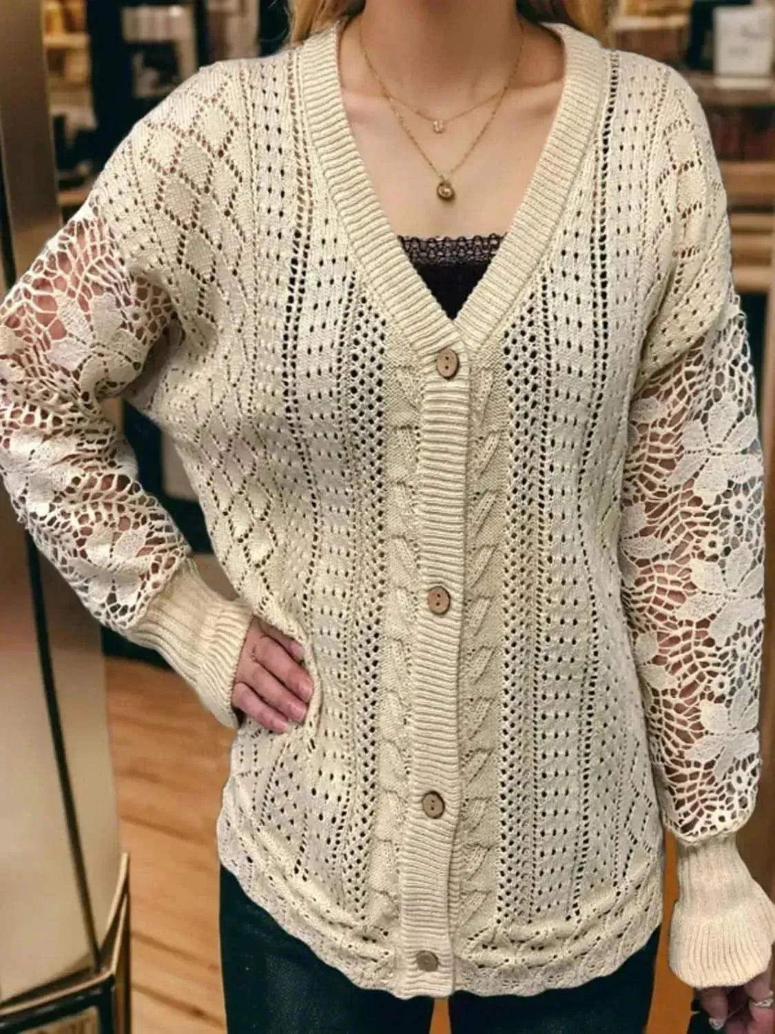Eyelet Button Up Lantern Sleeve Cardigan - Bad Moms Club