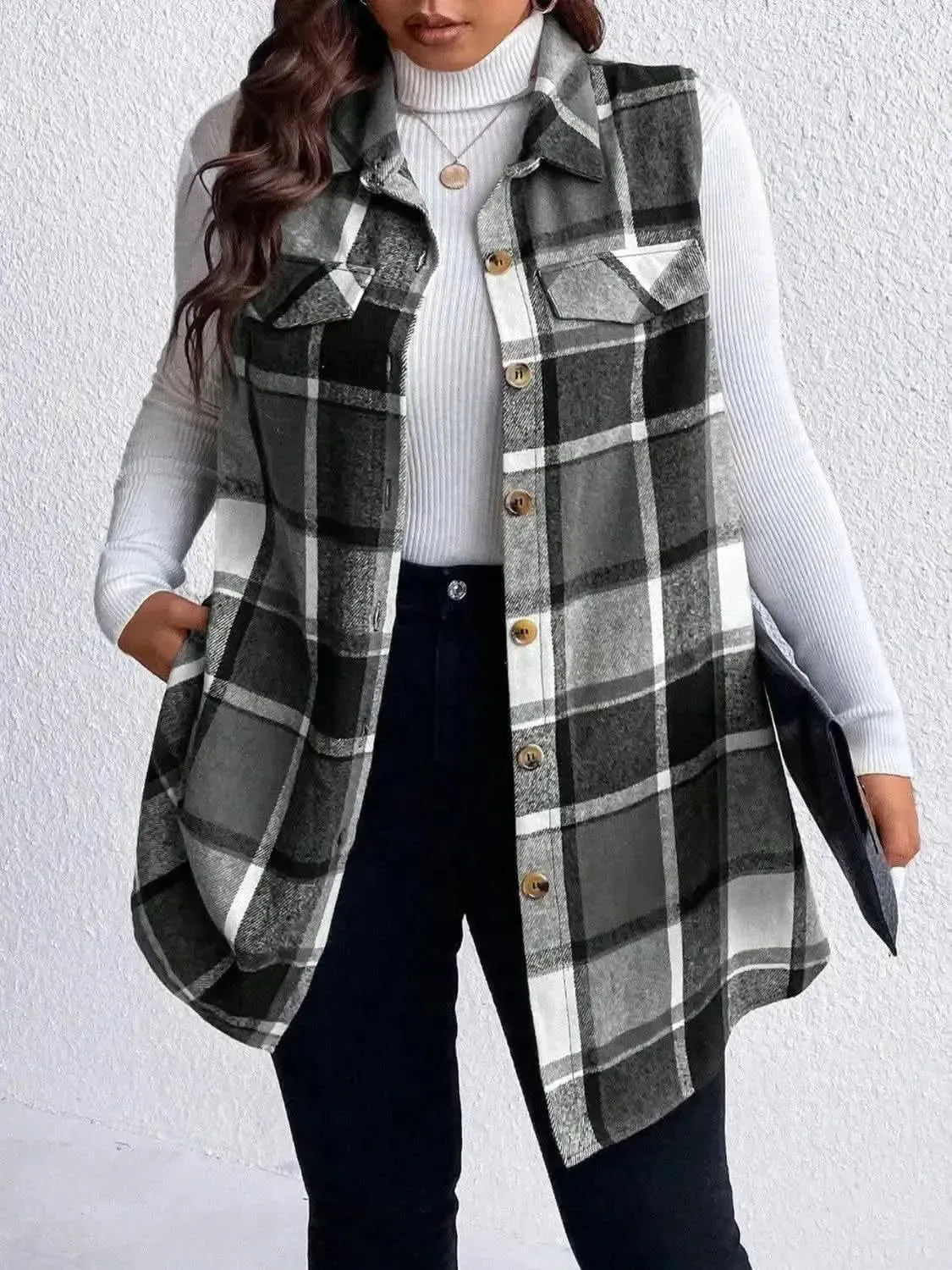Honey Plus Size Pocketed Plaid Button Up Vest Coat - Bad Moms Club