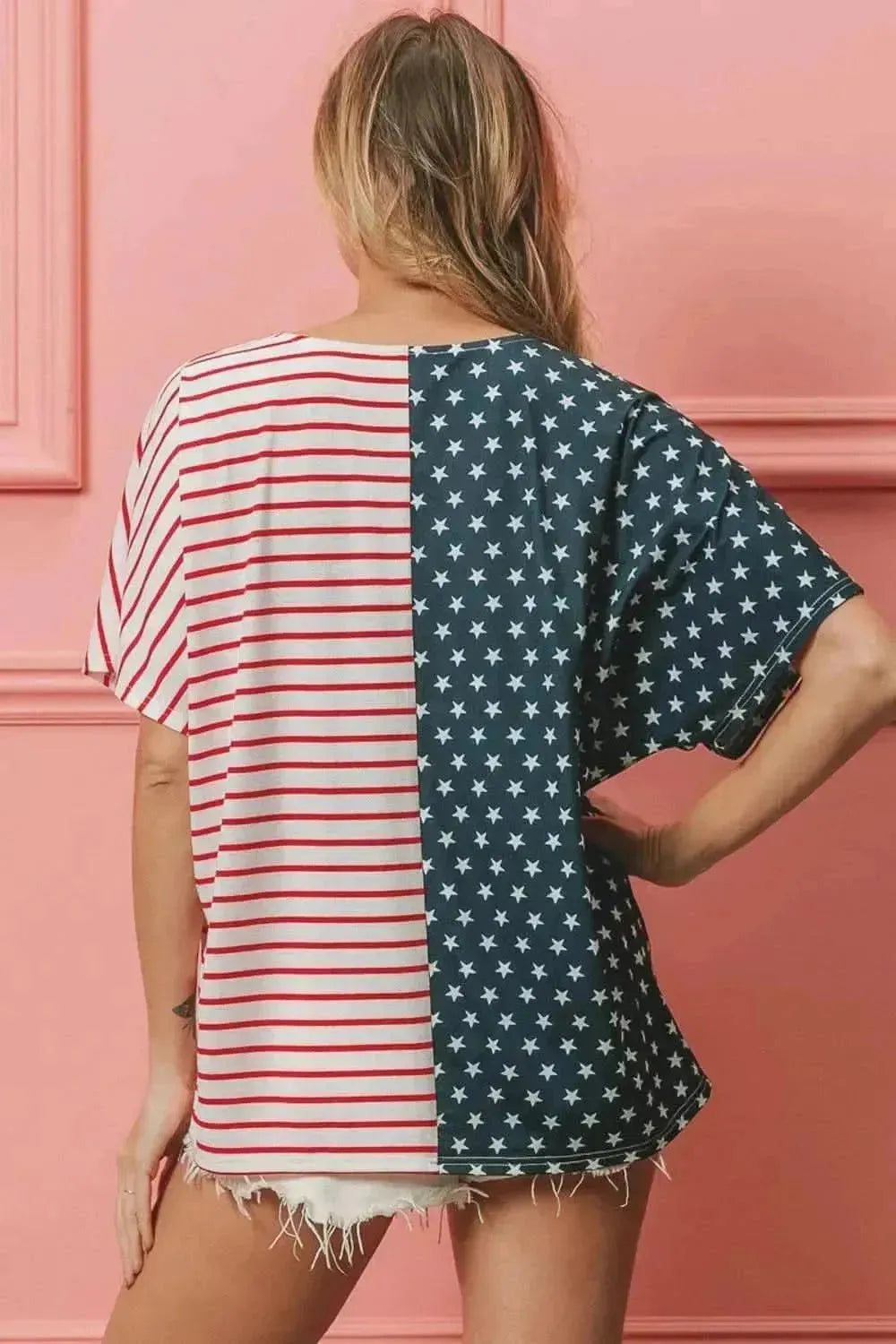 BiBi US Flag Themed Color Block Short Sleeve T-Shirt - Bad Moms Club