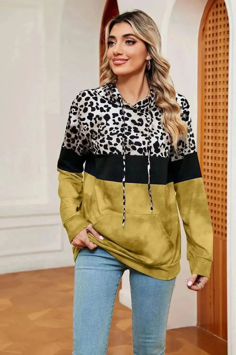Leopard Drawstring Hoodie with Pocket - Bad Moms Club