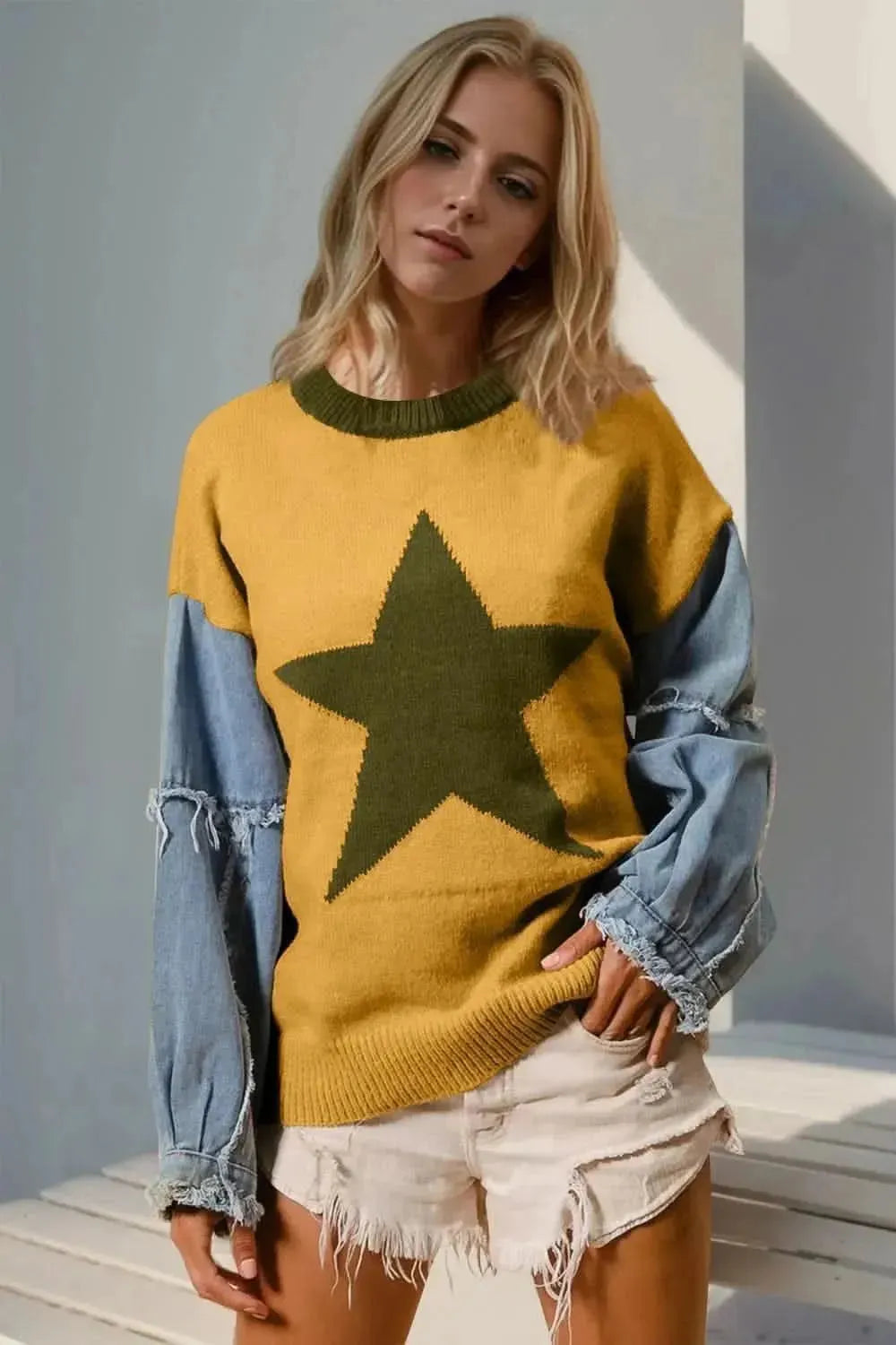 Double Take Full Size Star Pattern Raw Edge Long Sleeve Sweater - Bad Moms Club