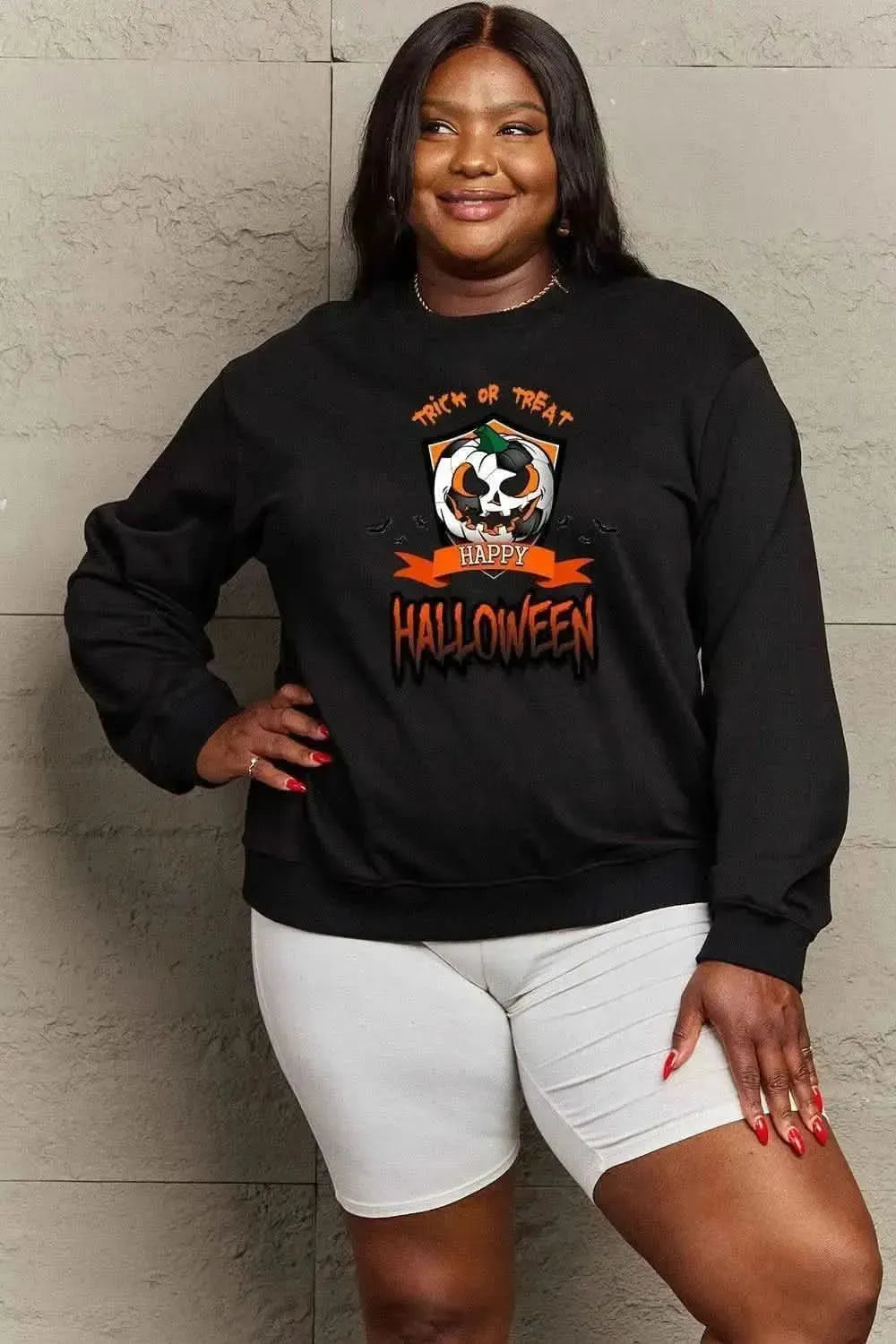 Simply Love Full Size TRICK OR TREAT HAPPY HALLOWEEN Graphic Sweatshirt - Bad Moms Club