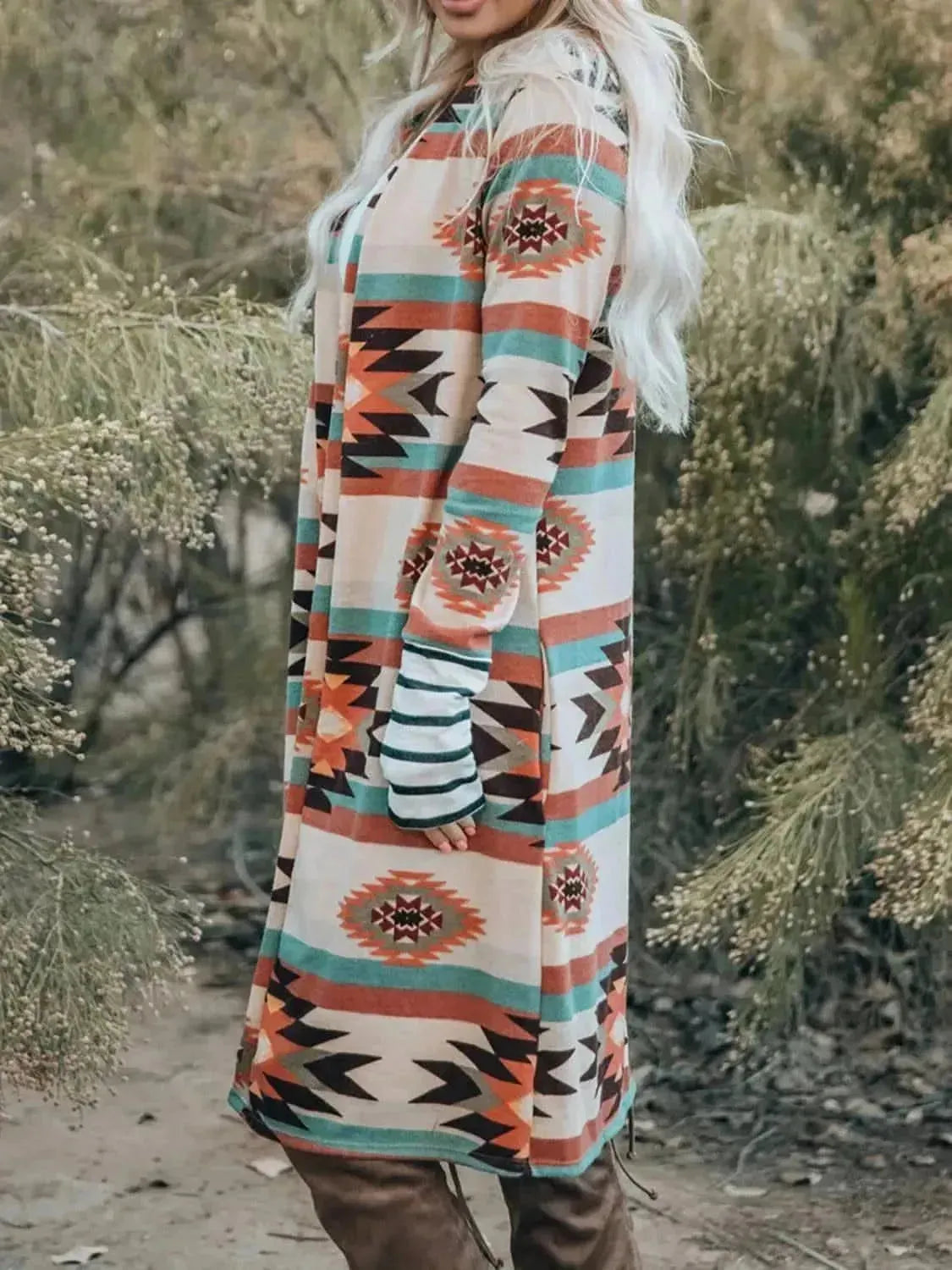 Geometric Open Front Long Sleeve Cardigan - Bad Moms Club